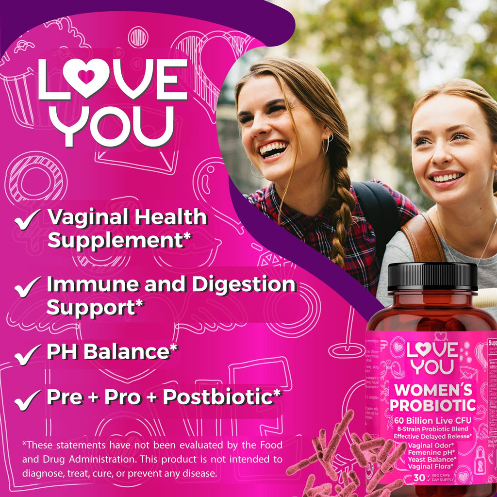 Love You Womens Probiotic, Ph Balance, Ut, Feminine, Vaginal Health Supplement, Digestive, Pre + Pro + Postbiotic, Delayed Release, 60 Billion Live CFU, 8-Strain Probiotic Blend, 30 Veg Caps Servings Love You Au supplements