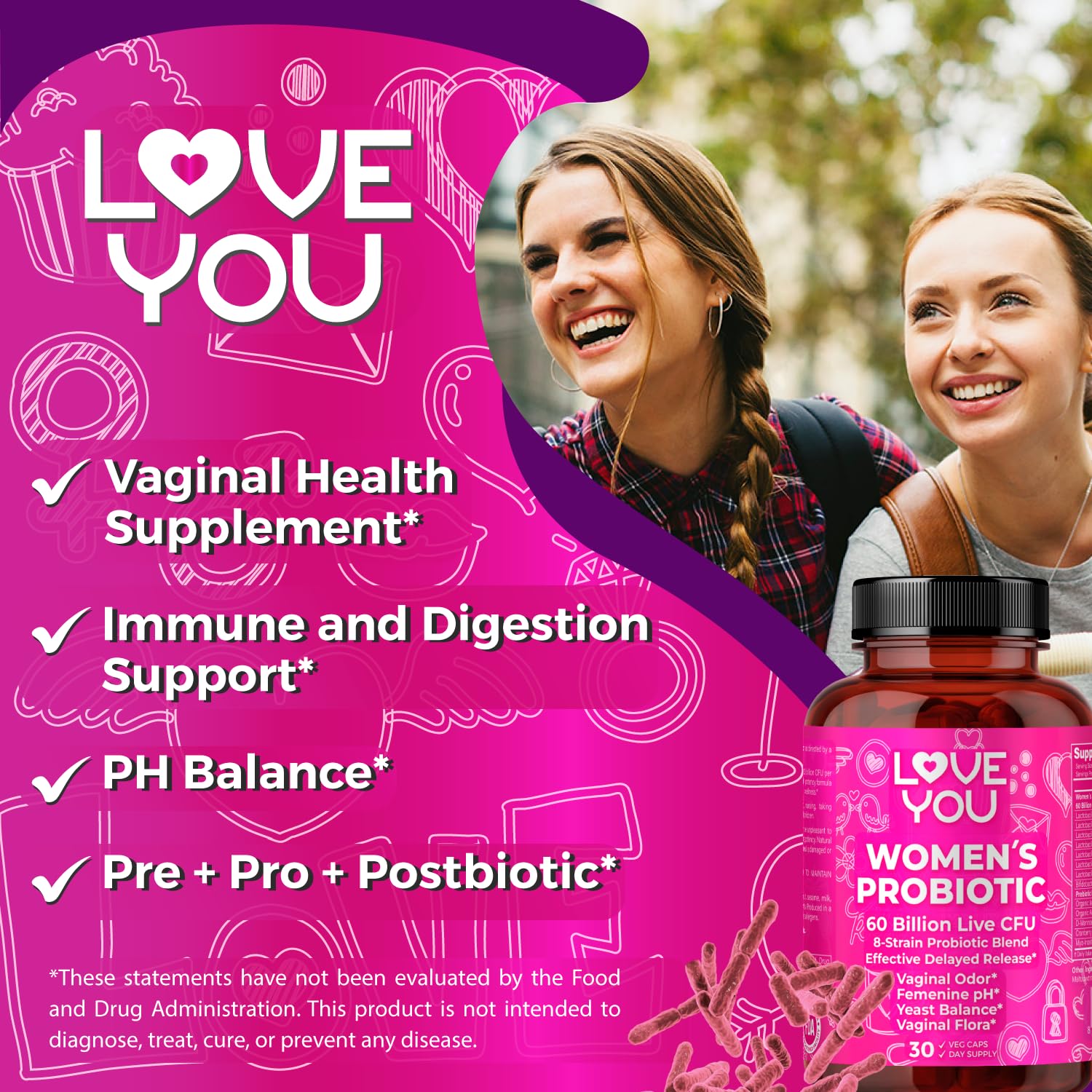 Love You Womens Probiotic, Ph Balance, Ut, Feminine, Vaginal Health Supplement, Digestive, Pre + Pro + Postbiotic, Delayed Release, 60 Billion Live CFU, 8-Strain Probiotic Blend, 30 Veg Caps Servings Love You Au supplements