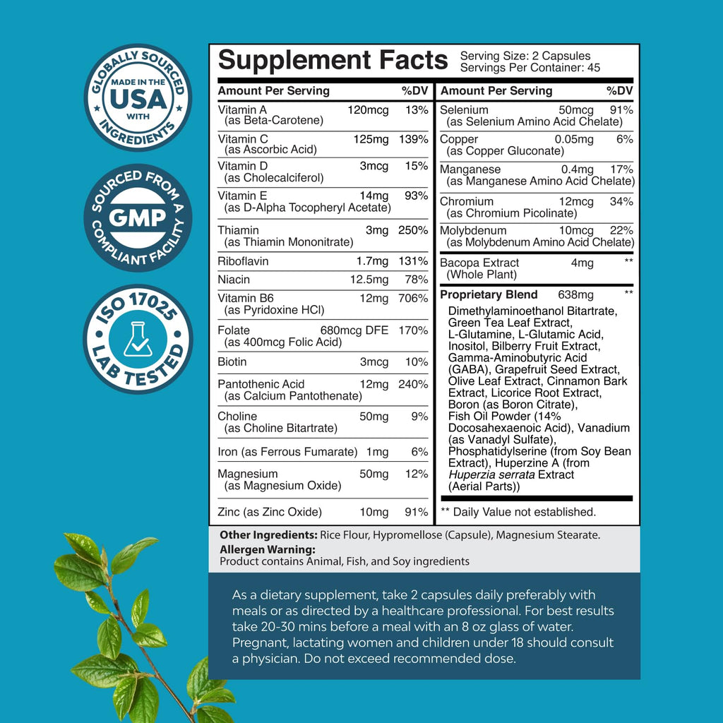 Nootropic Brain Supplement for Memory and Focus Support - Vitamins for Mental Support & Clarity with Bacopa Monnieri, VIT A, B6, Riboflavin, Niacin