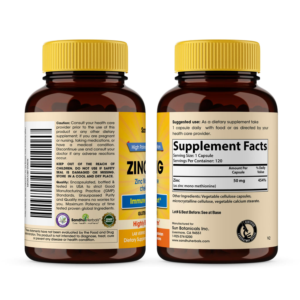 Zinc 50mg Capsules for Men and Women, 120 Count | Highly Absorbable Zinc Supplements for Immune System Support | Zink 50 mg Mono Methionine Chelated Complex