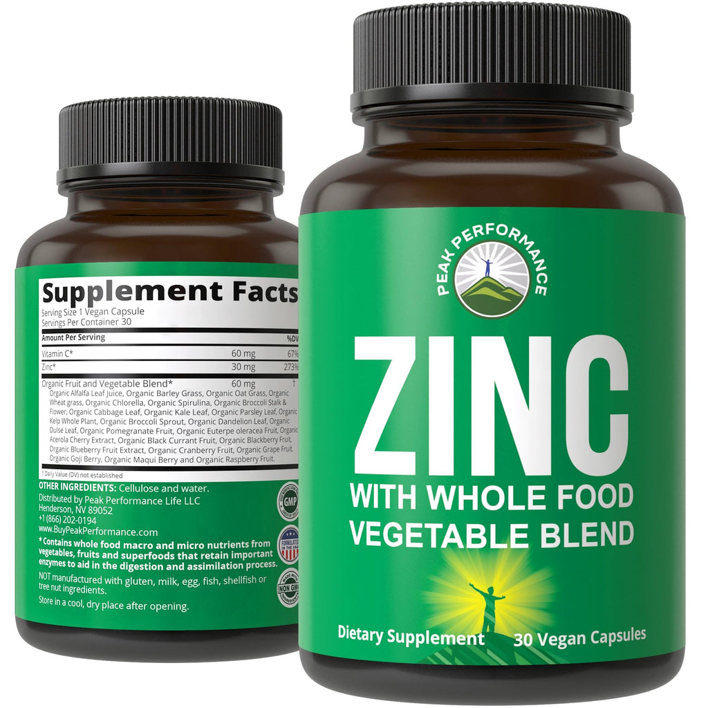 Vegan Zinc Supplement with Vitamin C + Whole Food Blend of 25 Vegetables and Fruits for Max Absorption. Zinc Supplements 30mg Capsules, Pills, Tablets, Vitamins for Adults Both Men and Women Peak Performance Au supplements