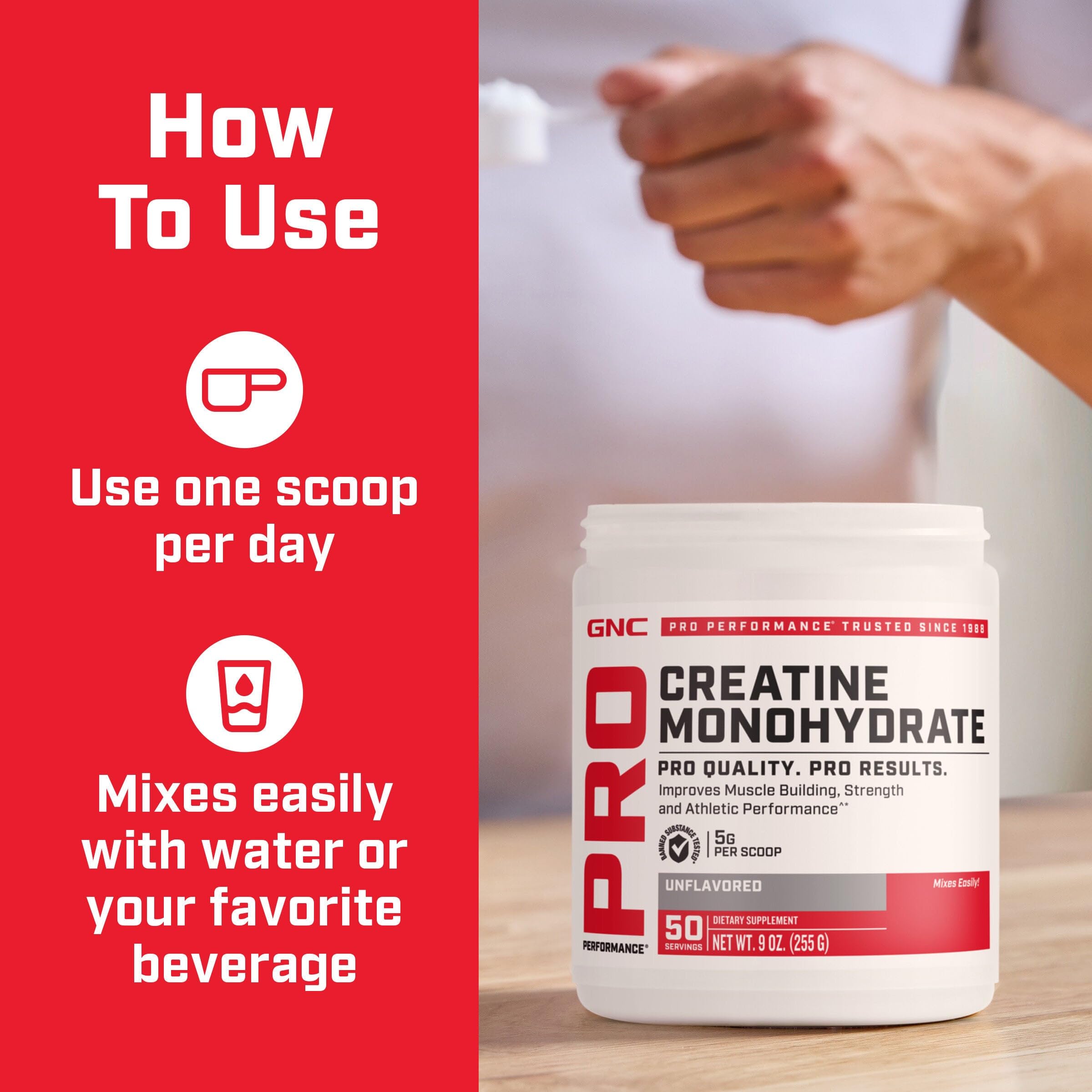 GNC Pro Performance Creatine Monohydrate Powder for Women & Men, 5g Creatine Per Serving, Muscle Building, Energy Production, Endurance, Performance, 50 Servings