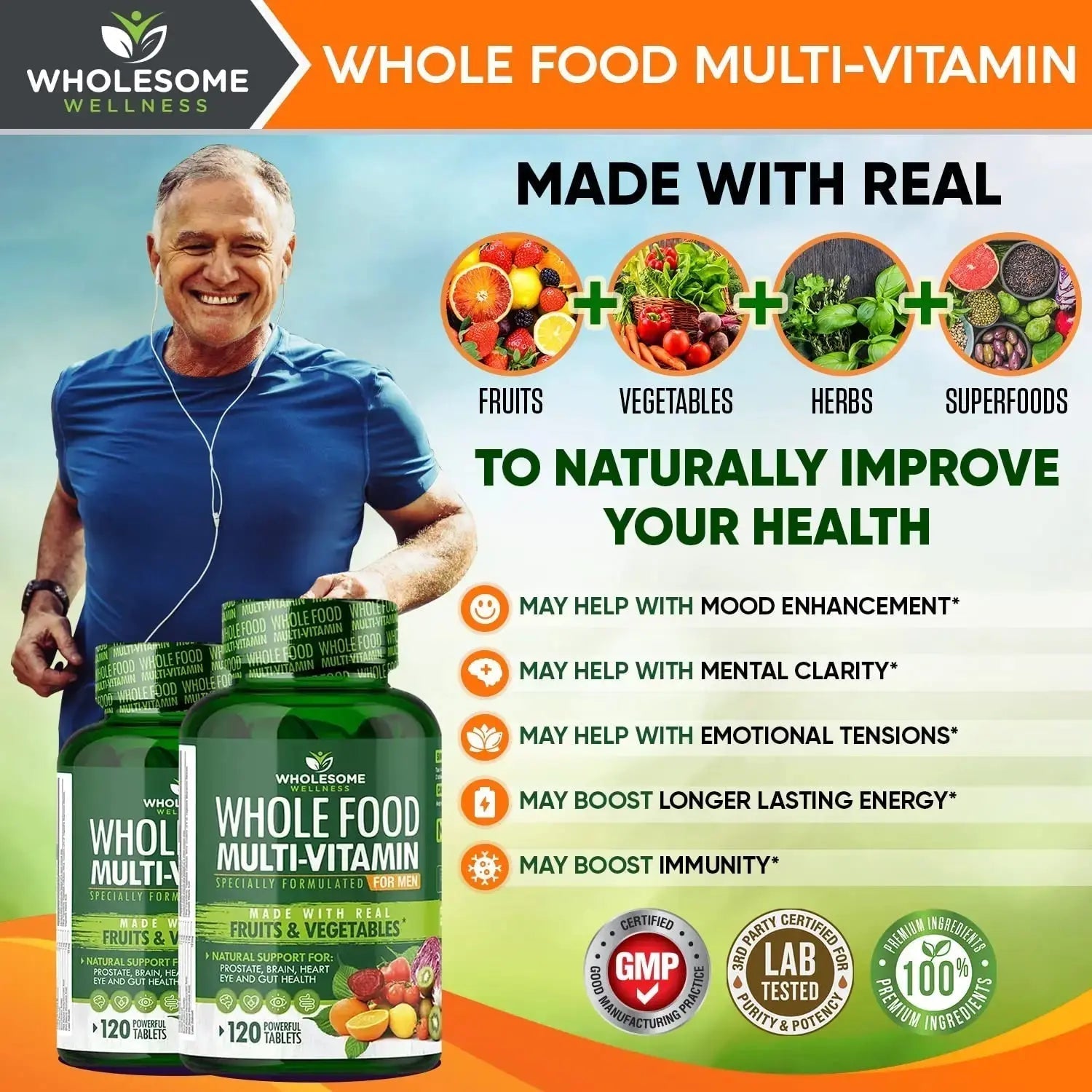 Wholesome Wellness Whole Food Multivitamin for Men - Natural Multi Vitamins, Minerals, Organic Extracts - Vegan Vegetarian - 120 Tablets Wholesome Wellness Au supplements