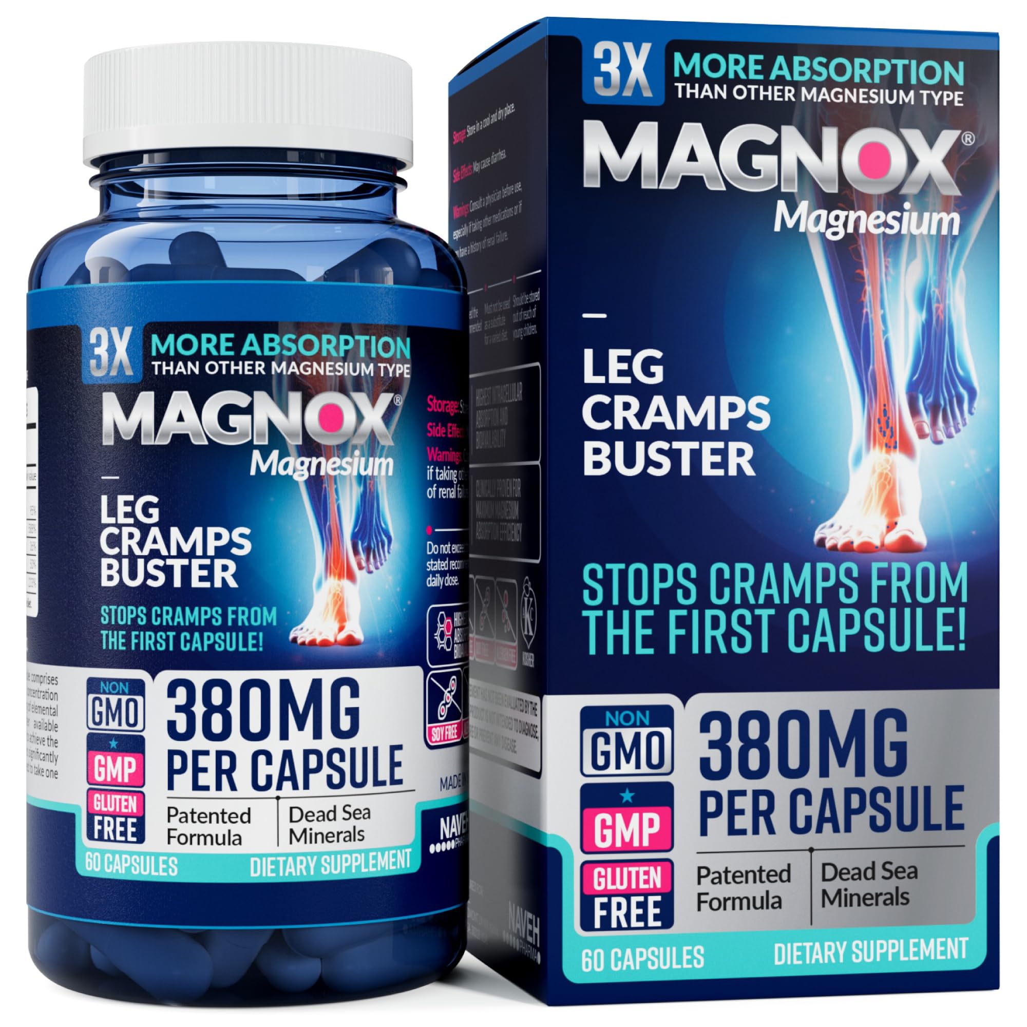 MAGNOX® Buster | Patented Clinically Tested 380mg Magnesium Supplement for Spasms & Leg Cramps at Night | One Capsule a Day for Almost Full Dosage | 3X More Absorption | Dead Sea Minerals (60 Caps) MAGNOX Au supplements