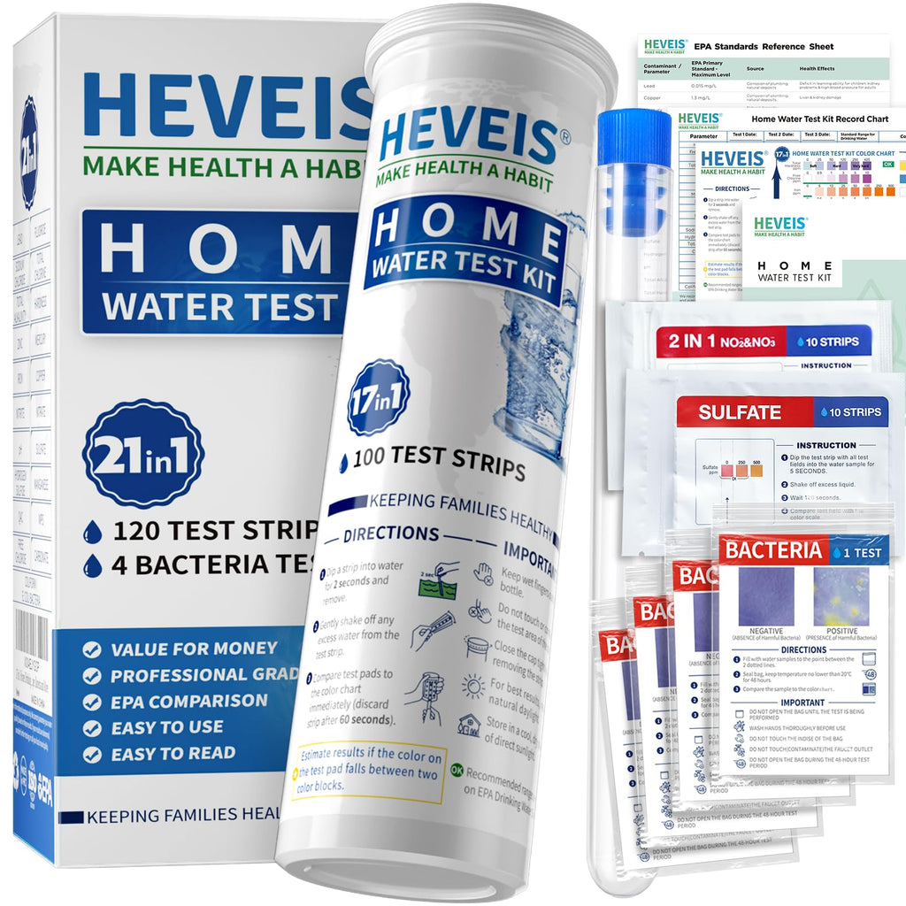 21-in-1 Home Drinking Water Testing Kit - 120 Strips + 4 Bacteria Tests - Tap and Well Water Test Kit, Easy to Test and Read for Hardness, Lead, Iron, Fluoride, pH, Copper, Bacteria and More HEVEIS Au supplements