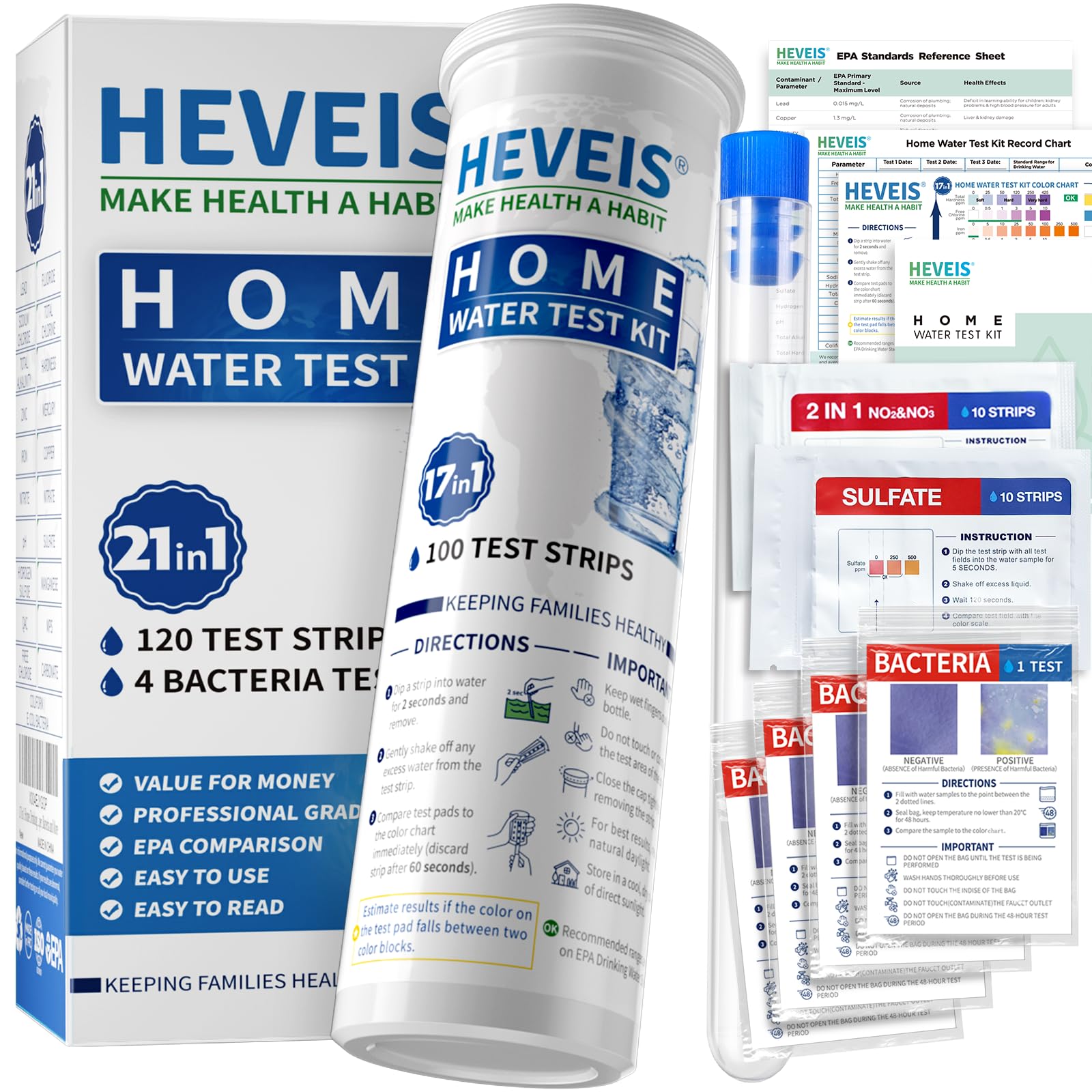 21-in-1 Home Drinking Water Testing Kit - 120 Strips + 4 Bacteria Tests - Tap and Well Water Test Kit, Easy to Test and Read for Hardness, Lead, Iron, Fluoride, pH, Copper, Bacteria and More HEVEIS Au supplements
