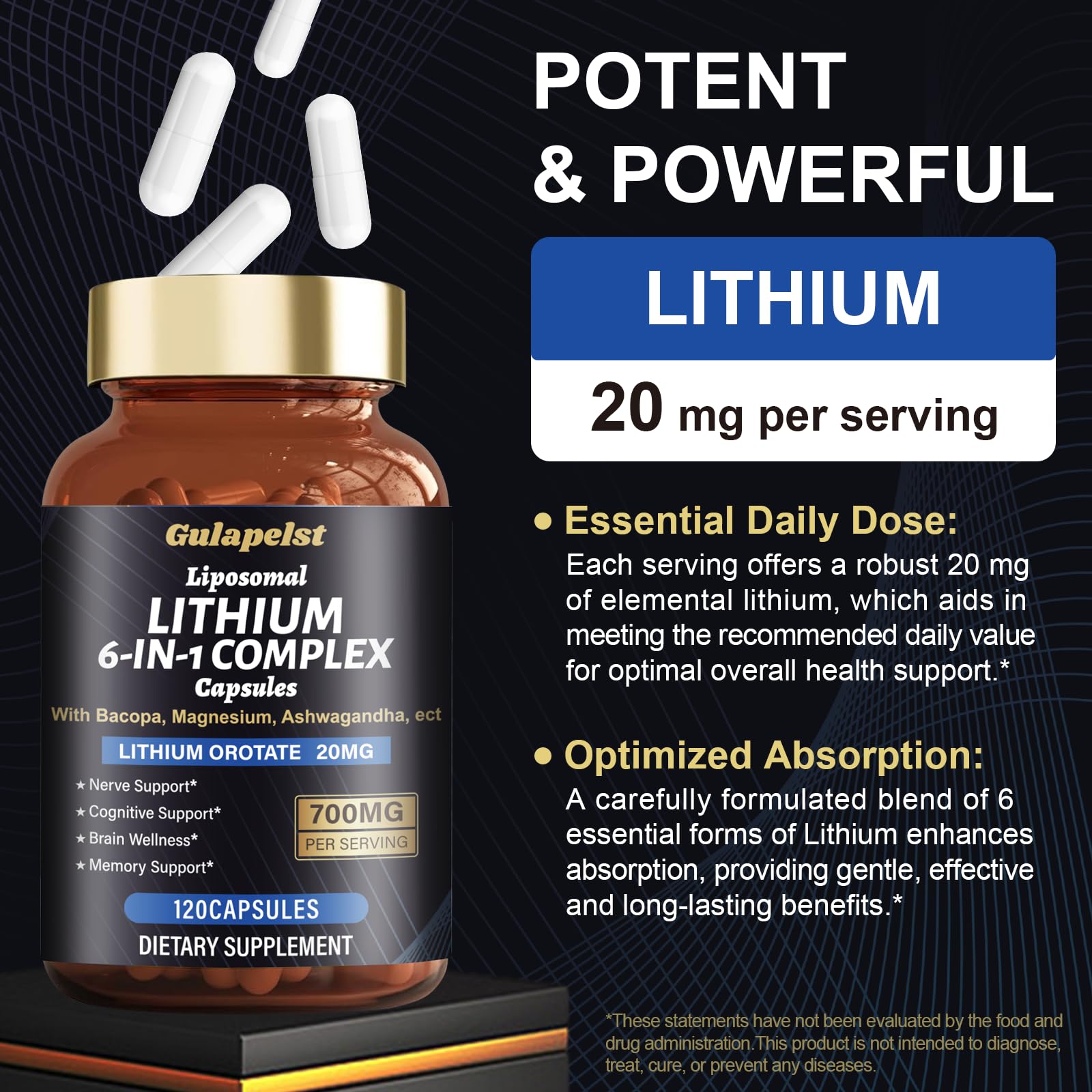 Lisopomal Lithium Orotate Complex Capsules, Lithium Orotate 20 mg, Magnesium Glycinate & Ashwagandha, Brain Health Supplements for Cognitive, Mood & Memory
