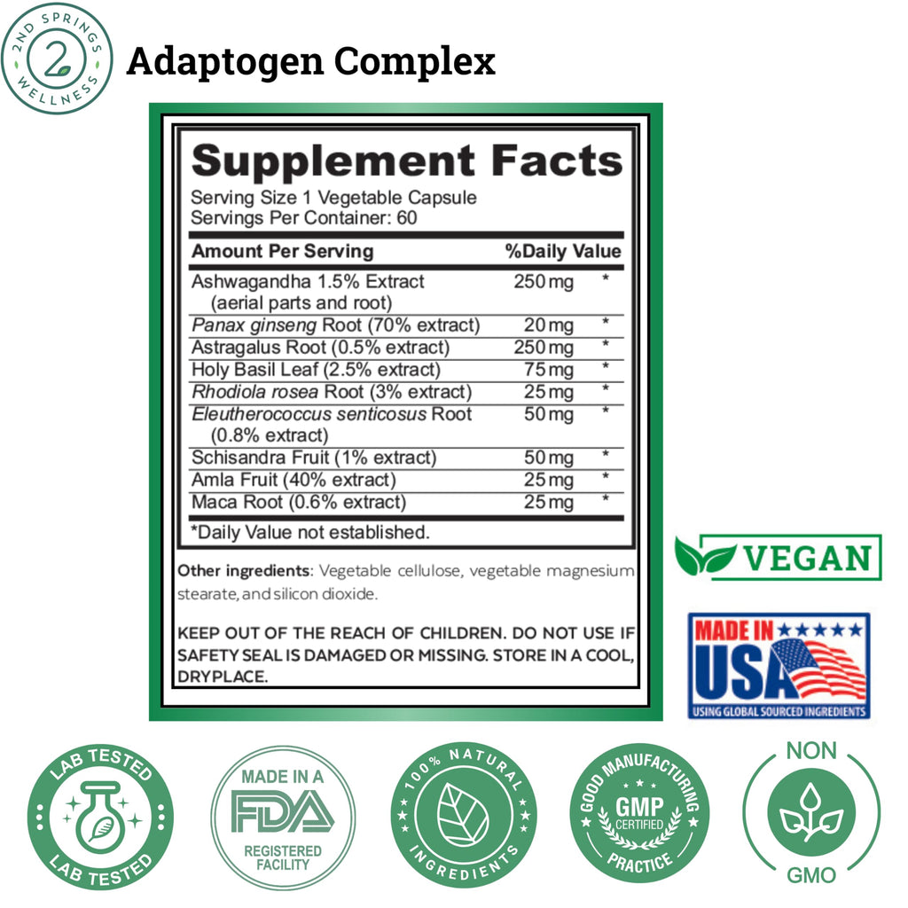 2nd Springs Adaptogen Complex Calmness, Energy and Vitality Booster - Ashwagandha, Schisandra, Astragalus, Ginseng, Rhodiola, and More - Adrenal Support Supplements - 60 Ct 2nd Springs Au supplements