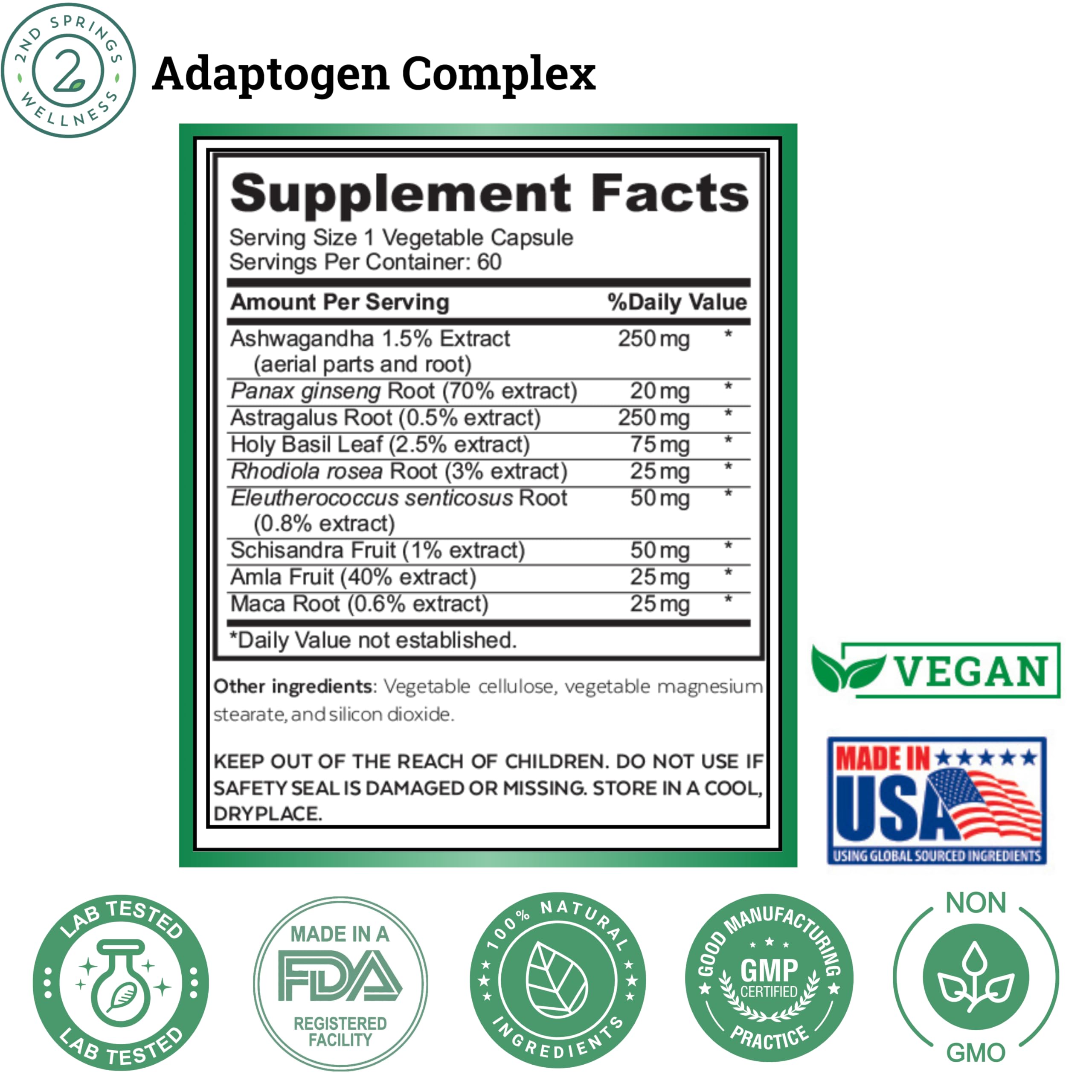 2nd Springs Adaptogen Complex Calmness, Energy and Vitality Booster - Ashwagandha, Schisandra, Astragalus, Ginseng, Rhodiola, and More - Adrenal Support Supplements - 60 Ct 2nd Springs Au supplements
