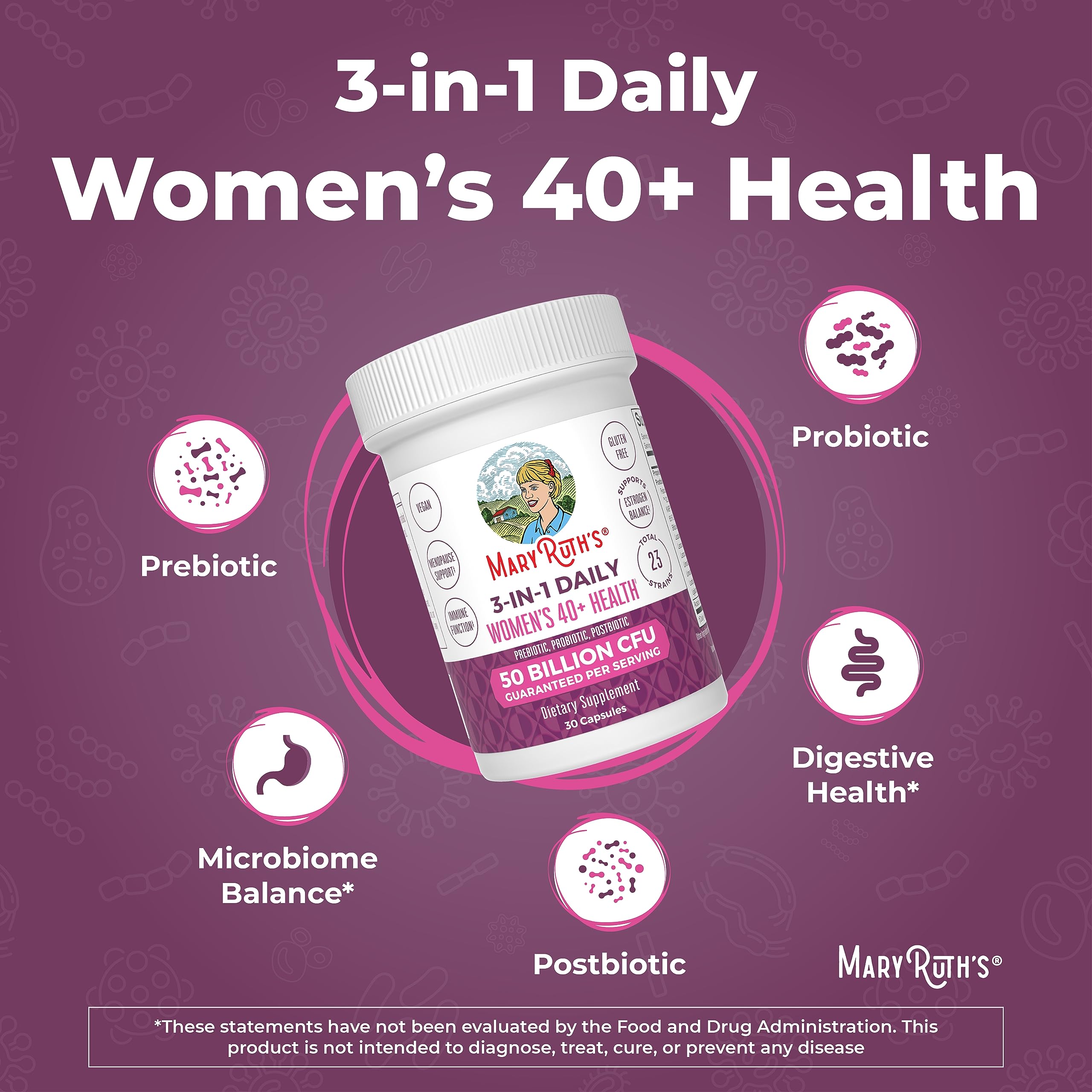 MaryRuth's 3-in-1 Daily Health 40+ Probiotics for Women | Hormonal & Menopause Support Supplement for Women | Gut Health Capsules | 50 Billion CFU | Allergen Free | 30 Ct MARYRUTH'S Au supplements