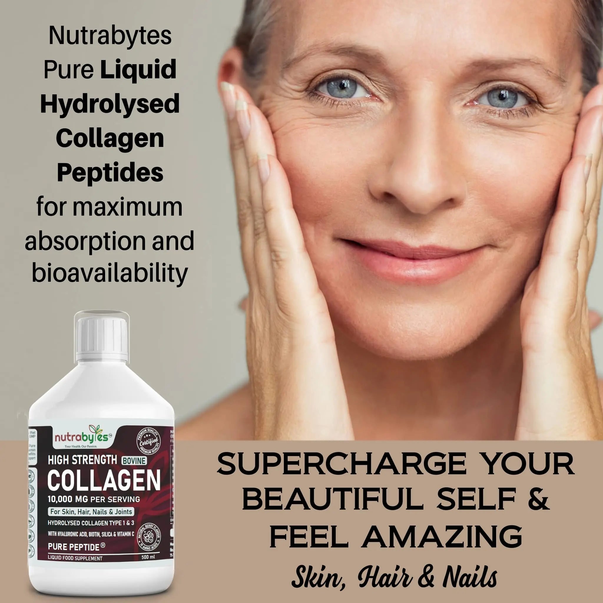 Collagen Liquid 10000mg, Hydrolysed Peptides | Hyaluronic Acid, Biotin, Silica, Vitamin C, Vitamin B12 NUTRABYTES Au supplements