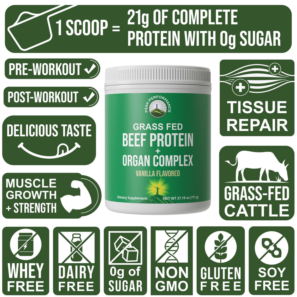 Grass Fed Beef Protein Powder + Organ Complex. Lactose Free Great Tasting Beef Protein Isolate. Animal Based Non Dairy No Whey Paleo Carnivore Supplement for Muscle Building. Vanilla Flavor Peak Performance Au supplements