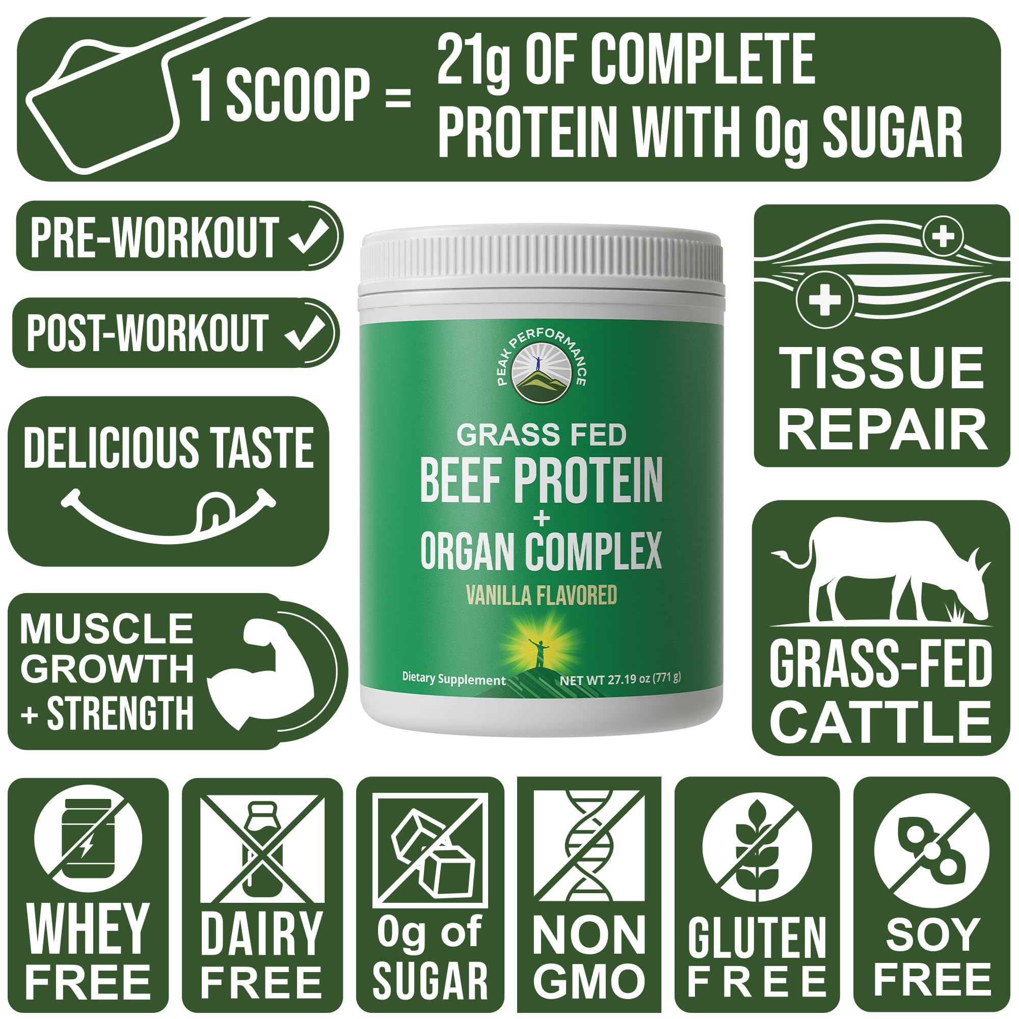 Grass Fed Beef Protein Powder + Organ Complex. Lactose Free Great Tasting Beef Protein Isolate. Animal Based Non Dairy No Whey Paleo Carnivore Supplement for Muscle Building. Vanilla Flavor Peak Performance Au supplements