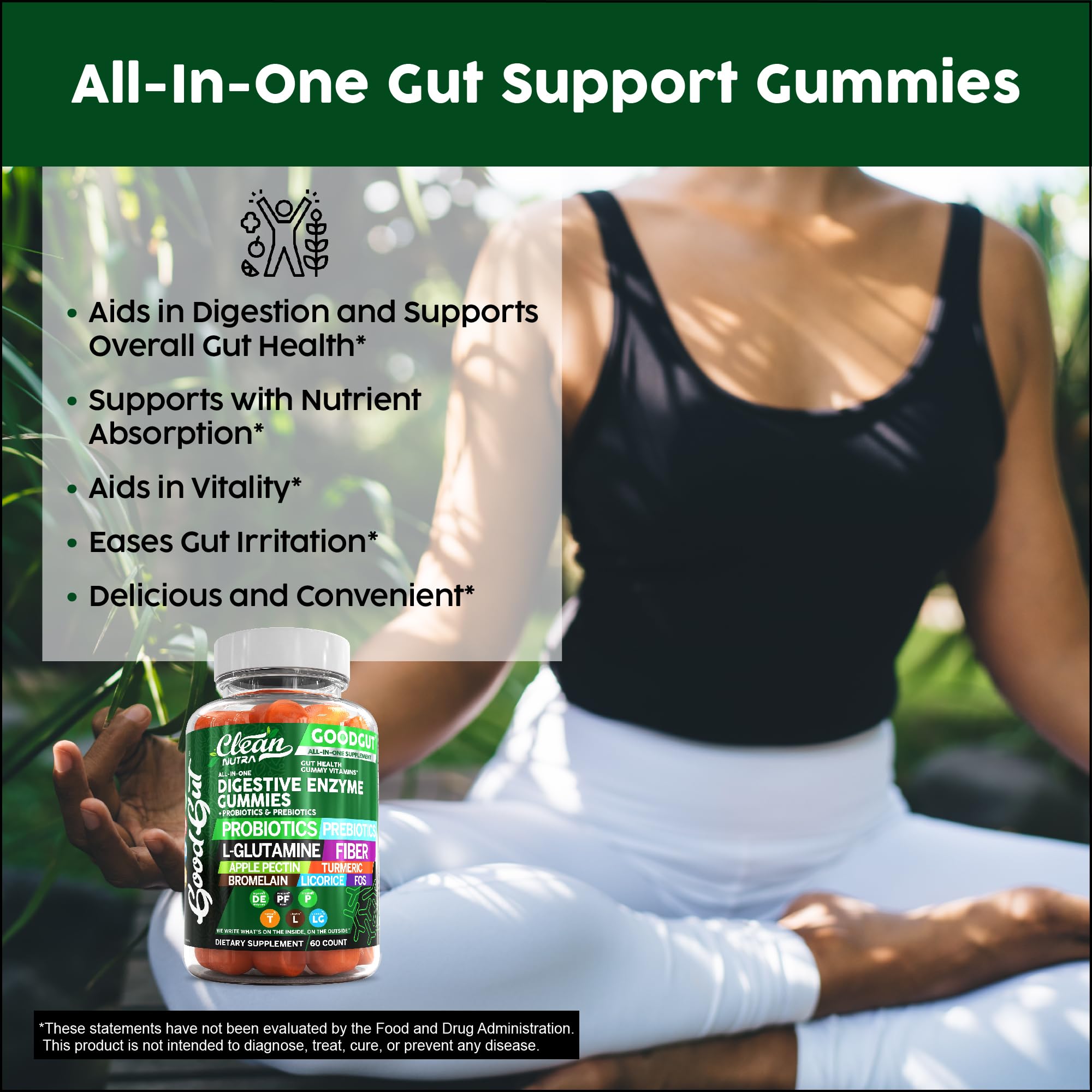 Clean Nutraceuticals Digestive Enzymes with Probiotics & Prebiotics for Digestive Health Gummies & L-Glutamine for Gut Health Bromelain Apple Pectin Inulin FOS Plant