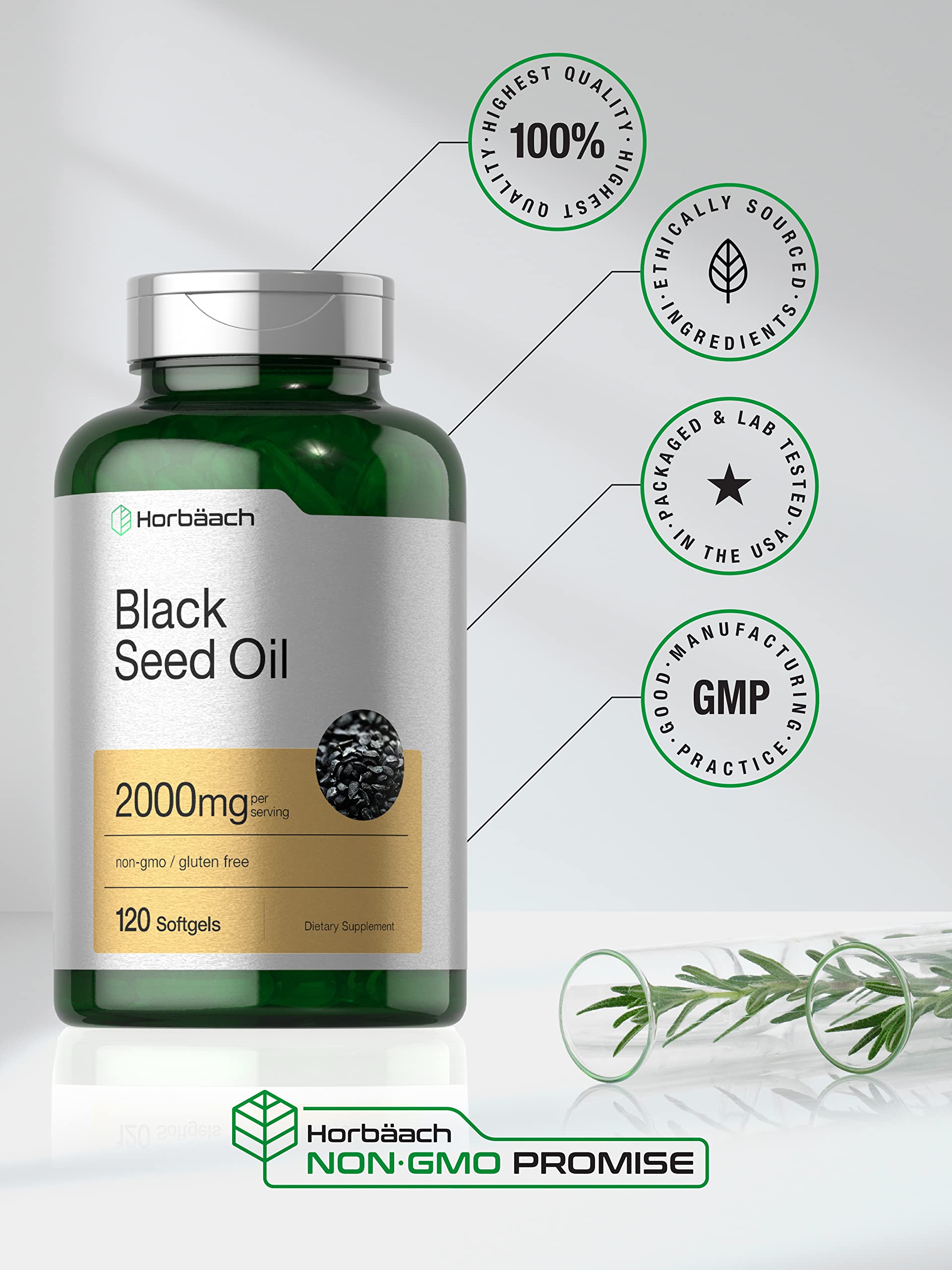Horbaach Black Seed Oil Cold Pressed Softgel Capsules | 2000mg | 120 Count | Supplement with Omega 6 and 9 | Nigella Sativa
