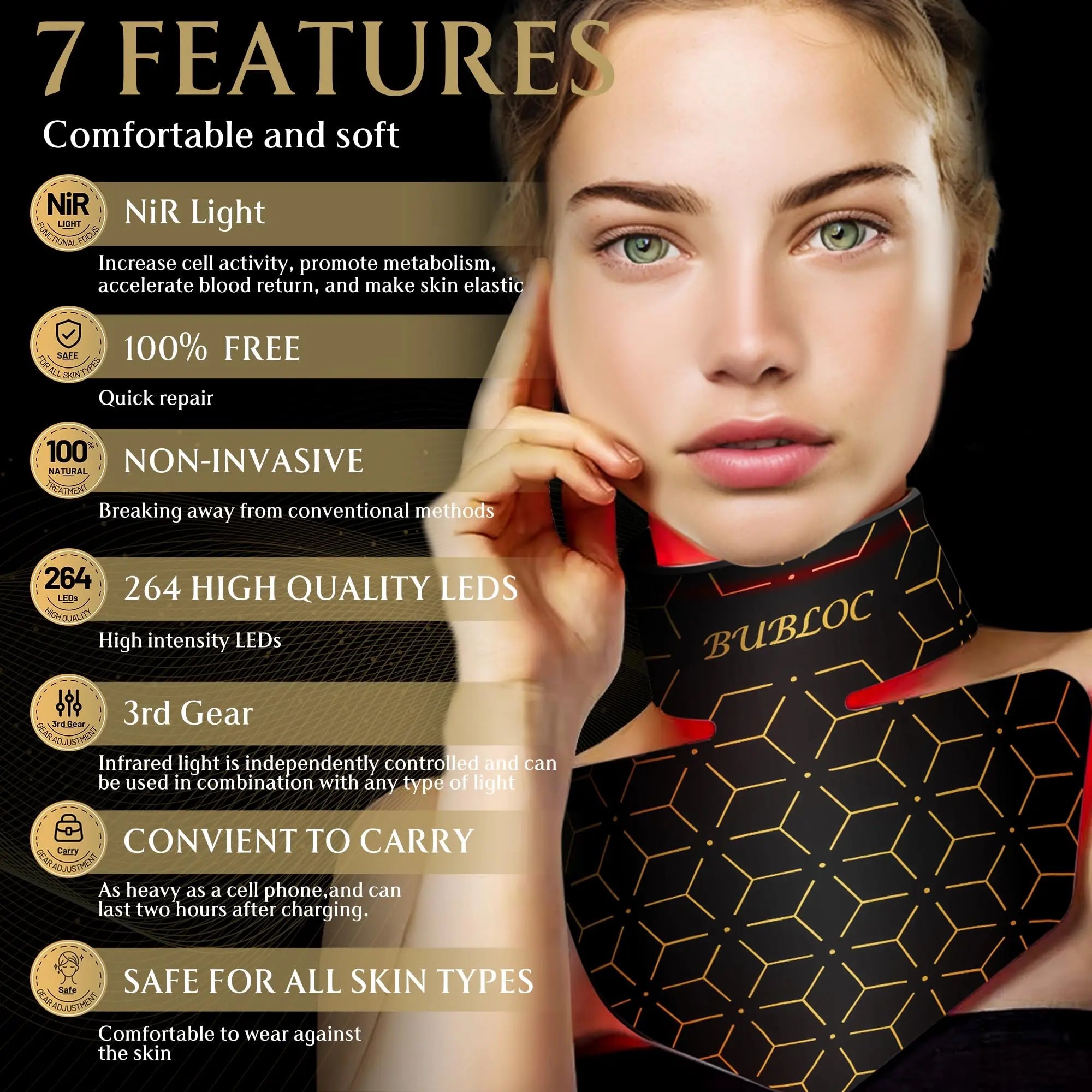 Upgraded Red Light Therapy Mask for Neck & Décolleté, 850 nm Wireless Infrared Light Therapy Suitable BUBLOC Au supplements