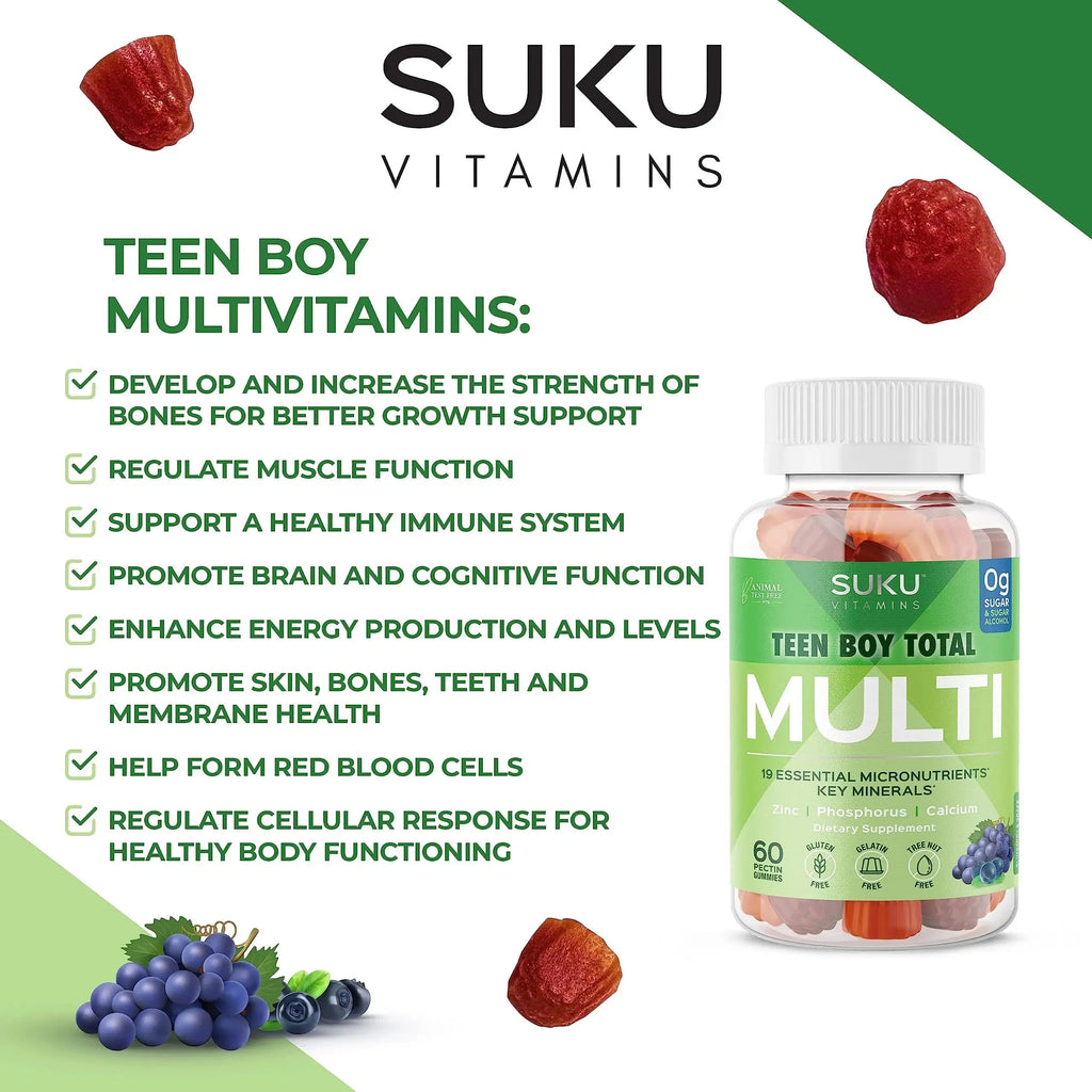 SUKU Teen Boy Multivitamin Gummies – Vitamins A, B12, C, D3, E, Zinc & Biotin – Sugar-Free Vegetarian Supplement SUKU Au supplements