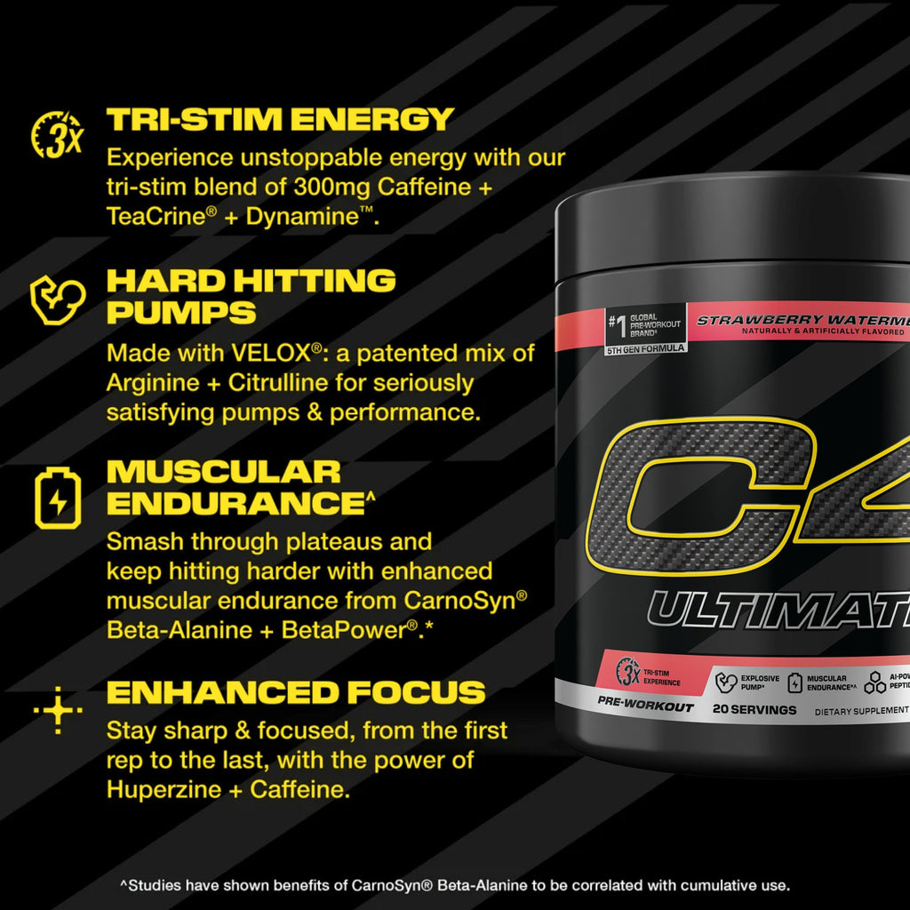 C4 Ultimate Pre Workout Powder Watermelon - Sugar Free Preworkout Energy Supplement for Men & Women - 300mg Caffeine + 3.2g Beta Alanine