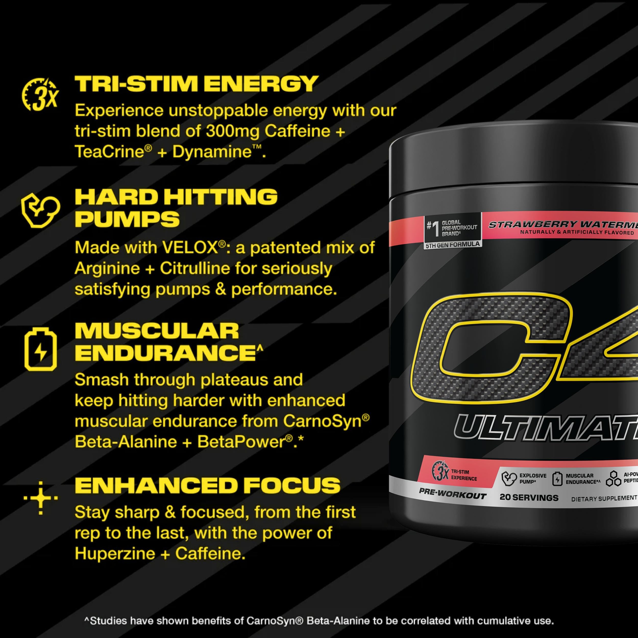 C4 Ultimate Pre Workout Powder Watermelon - Sugar Free Preworkout Energy Supplement for Men & Women - 300mg Caffeine + 3.2g Beta Alanine