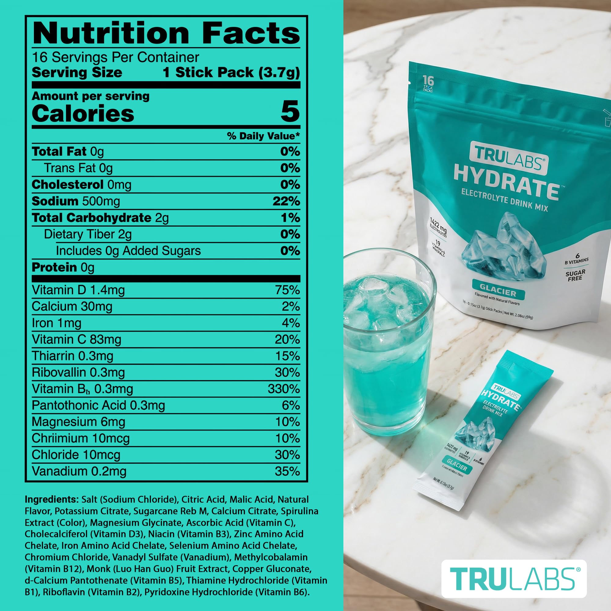 TRULABS Hydrate Electrolyte Drink Mix – Glacier Flavor, Sugar-Free Hydration Packets with 1422 mg Electrolytes & 19 Vitamins & Minerals, Monk Fruit Sweetened, On-the-Go Sticks (16 Count)