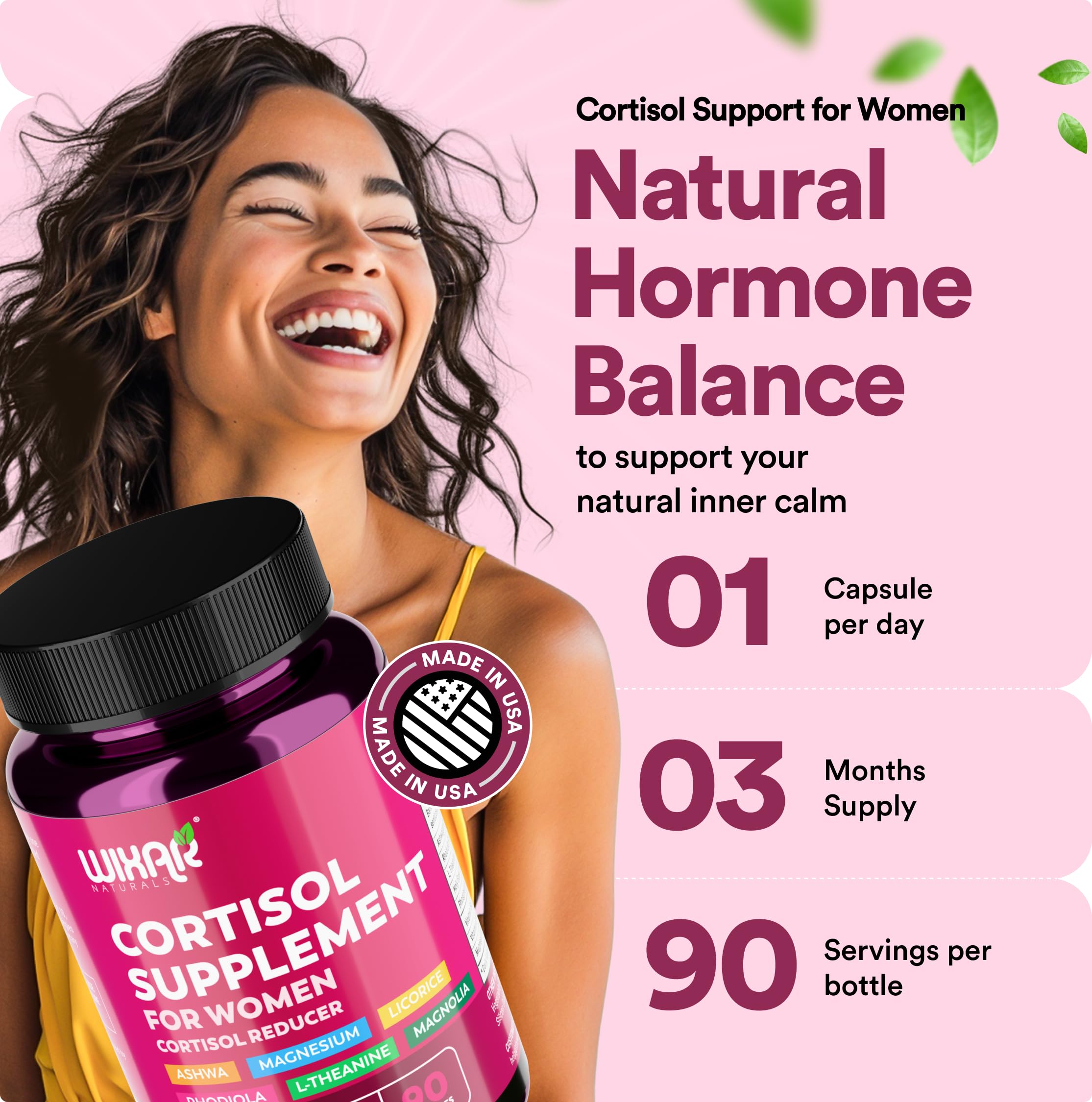 WIXAR Cortisol Supplements for Women with Ashwagandha, Magnesium, L-Theanine, Rhodiola Rosea - for High Cortisol Balanace Manager - for Sleep Support, Mood & Focus Supplement - 90 Capsules WIXAR NATURALS Au supplements