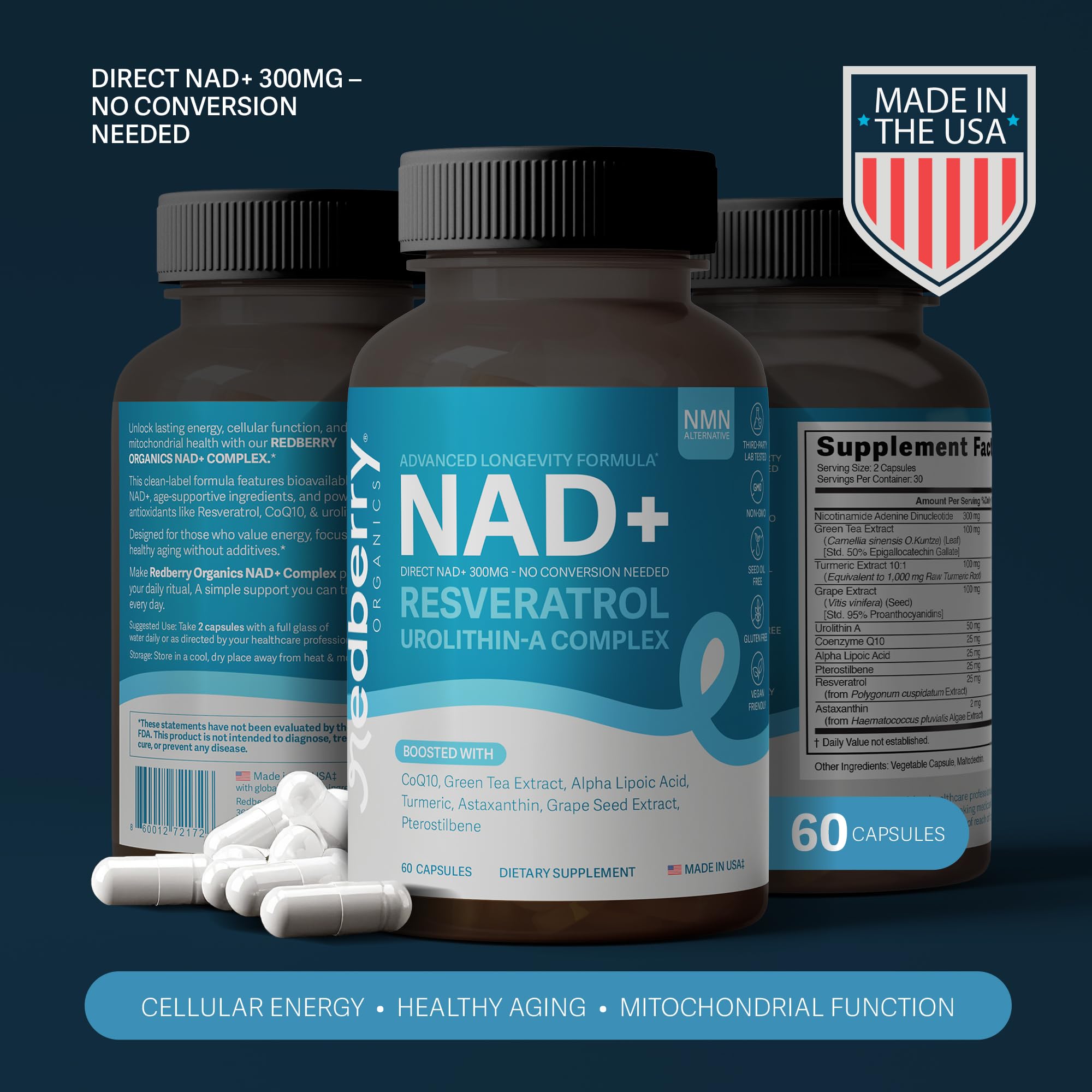 NAD Supplement with Direct NAD+ 300mg (NAD Plus) | Advanced Longevity Complex with Urolithin A & Resveratrol | NMN Alternative | 60 Capsules | Non-GMO, Gluten Free | Made in USA Redberry Organics Au supplements