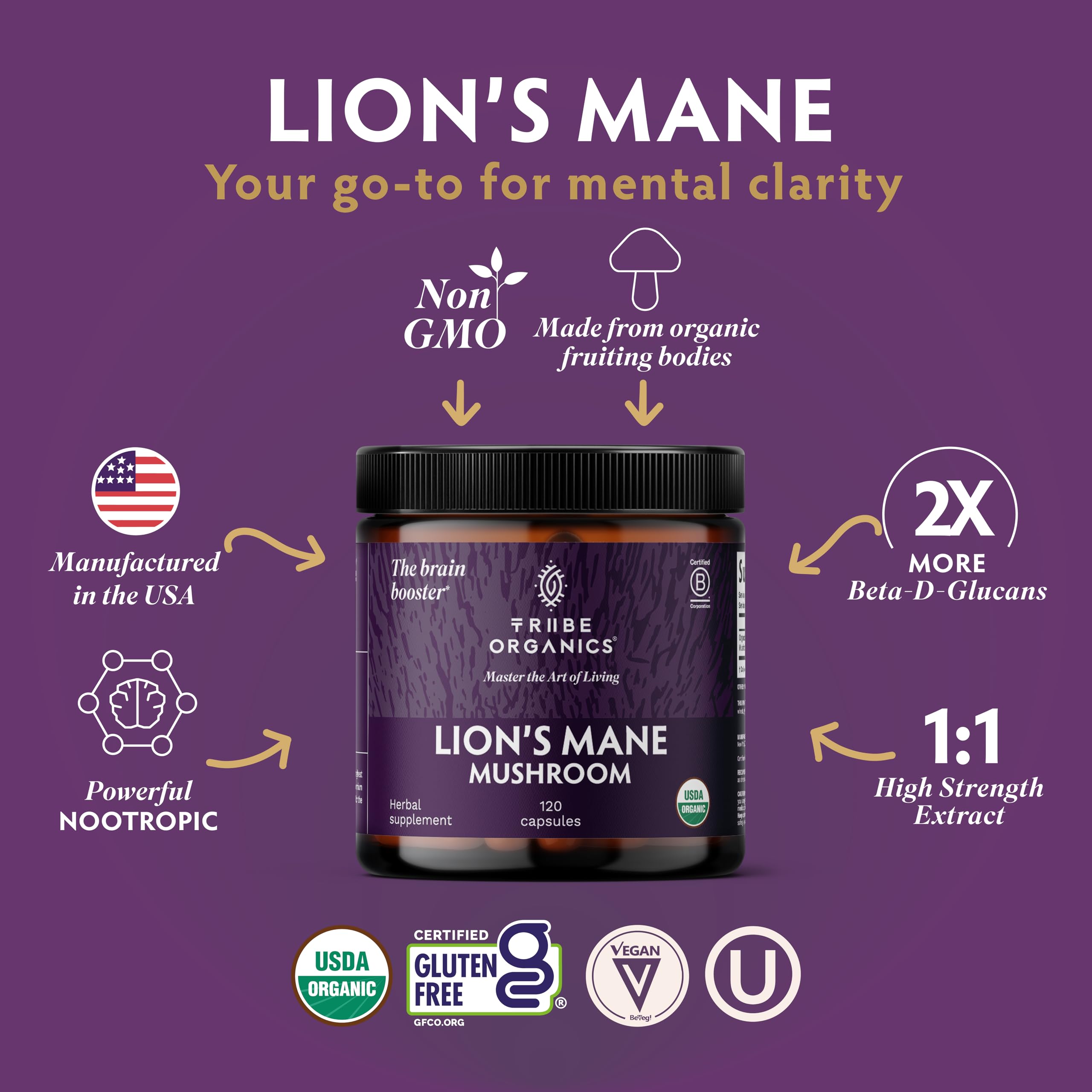 TRIBE ORGANICS Lion’s Mane Supplement 1000mg Mushroom Extract Powder - Immune System Booster & Brain Nootropic for Focus and Memory | Mental Clarity | Natural Energy and Immunity - 120 Vegan Capsules TRIBE ORGANICS Au supplements