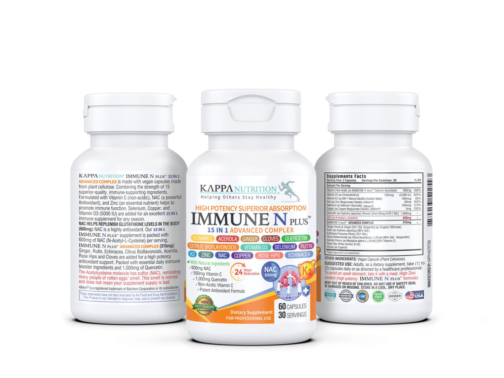 (60 Capsules), NAC 600mg, Quercetin 1,000mg, Vitamin C 500mg, Zinc 50mg, Vitamin D3 5,000iu, Selenium, Copper, Acerola, Ginger, Rutin, Citrus Bioflavonoids, Rose Hips, Echinacea, Immune N Plus 15 in 1 KAPPA NUTRITION Au supplements