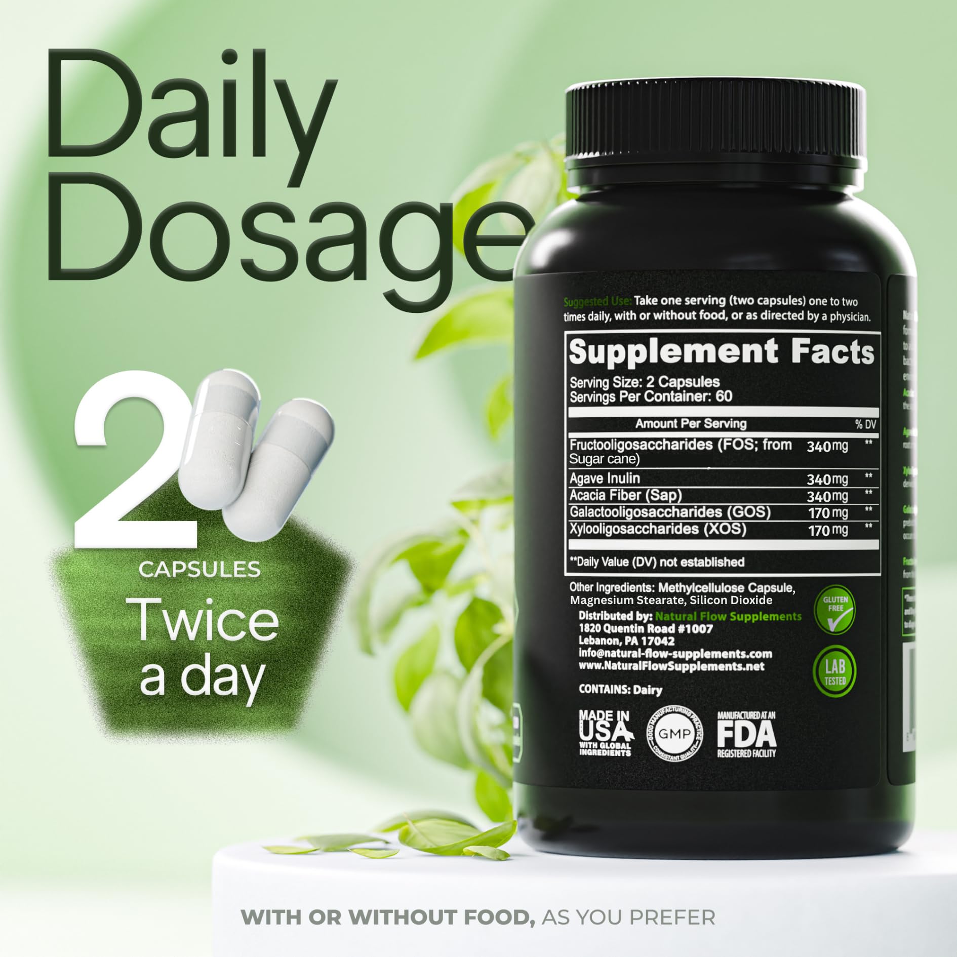 Prebiotic Fiber Supplement 5-in-1 Capsules - Natural Flow 5X Fiber XOS, GOS, FOS, Acacia and Agave Inulin, Daily Soluble Fiber Formula for Gut Support