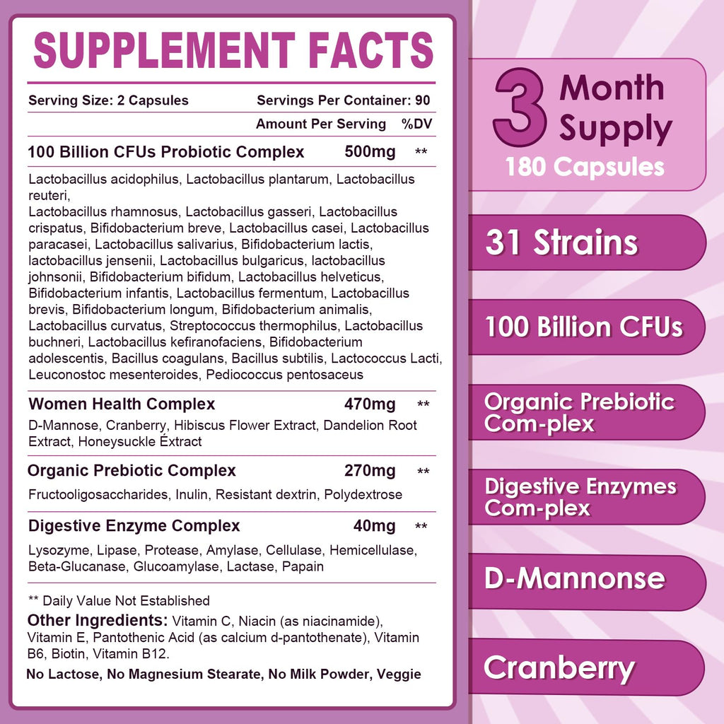 NATURE TARGET Probiotics for Women, 100 Billion CFUs Probiotic with Digestive Enzymes & Prebiotics, Vaginal Probiotics with Cranberry for Urinary Tract Health,