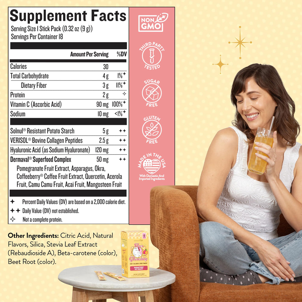 Legendairy Milk She’s Glowing Collagen Peptides Powder with Prebiotic Fiber, Tropical Drink Mix Supplement for Women,