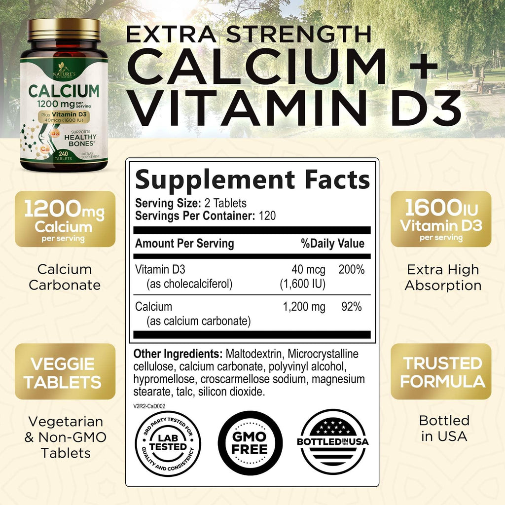 Calcium 1200 mg with Vitamin D3 - Per Serving - Bone Health Supplement - Vitamin D & Calcium Supplements for Women & Men - Bone Strength Support