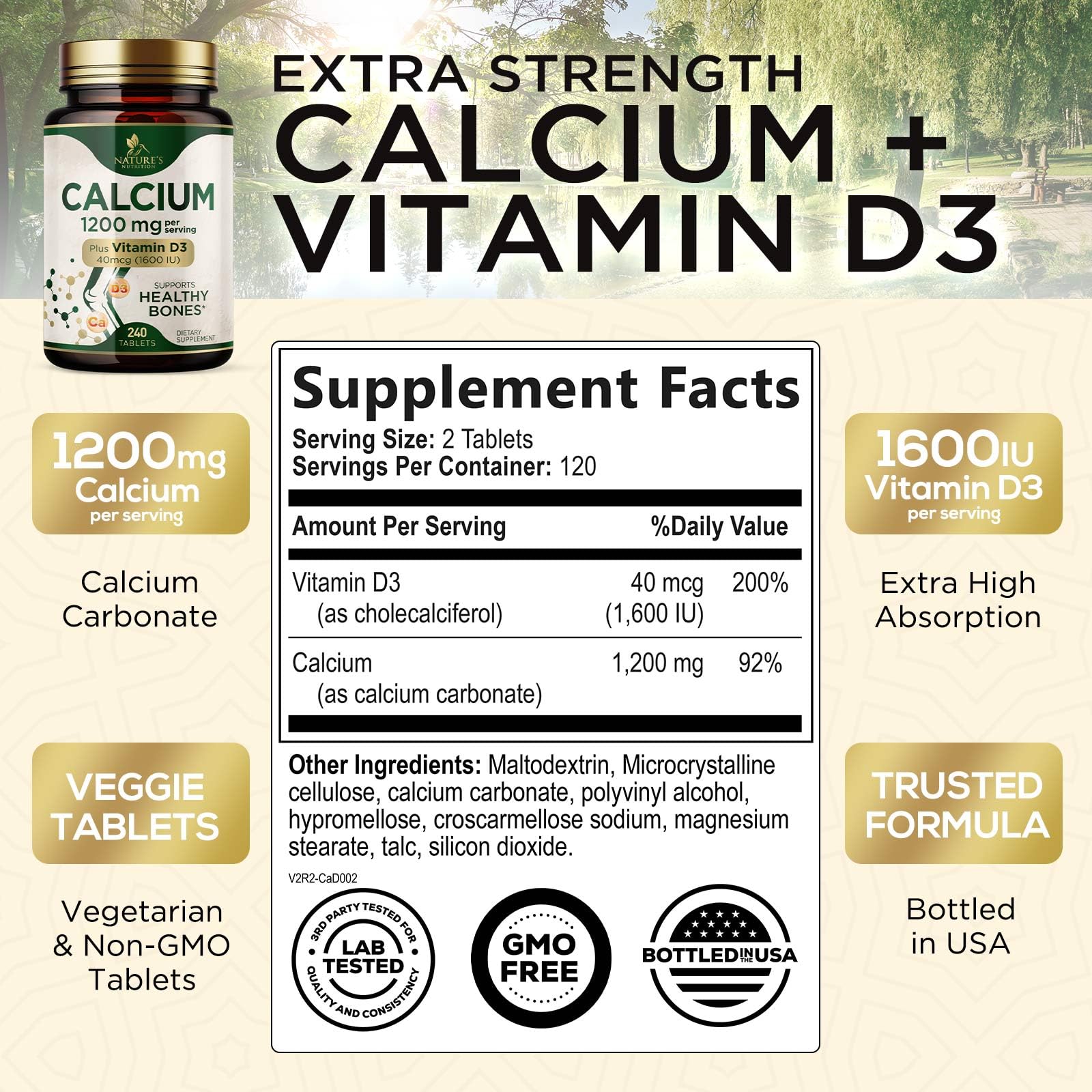 Calcium 1200 mg with Vitamin D3 - Per Serving - Bone Health Supplement - Vitamin D & Calcium Supplements for Women & Men - Bone Strength Support