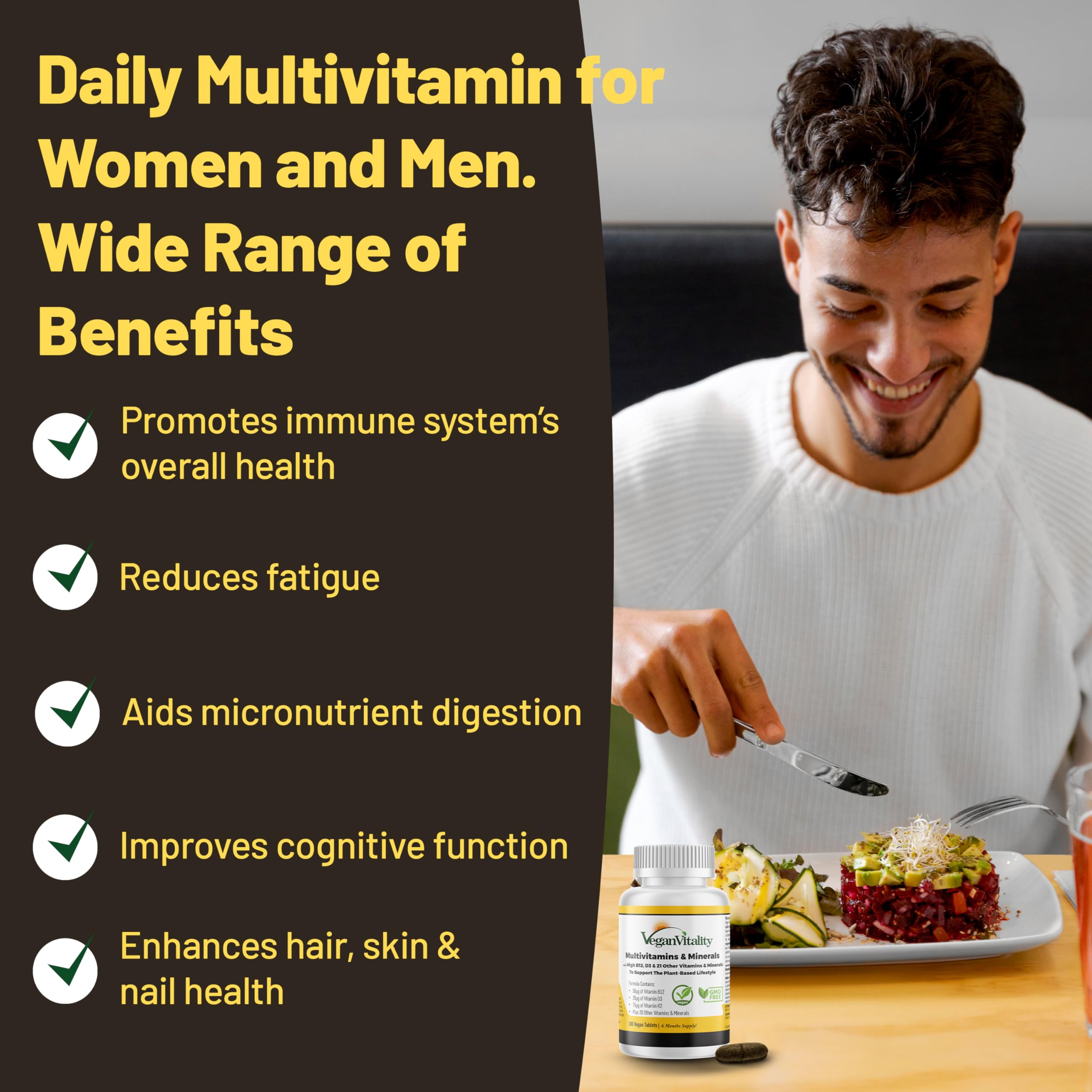 Vegan Vitality Multivitamins & Minerals for Women and Men with High Strength Vitamin B12, D3 & K2. 180 Vegan Multivitamin Tablets - 6 Months Supply