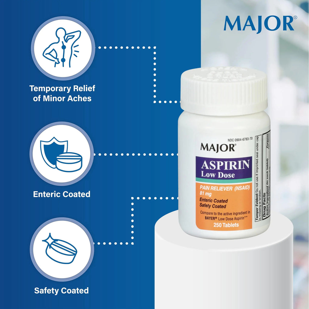 MAJOR Aspirin Low Dose 81 Mg - Pain Reliever (NSAID) - Enteric Coated - 250 Tablets MAJOR Au supplements