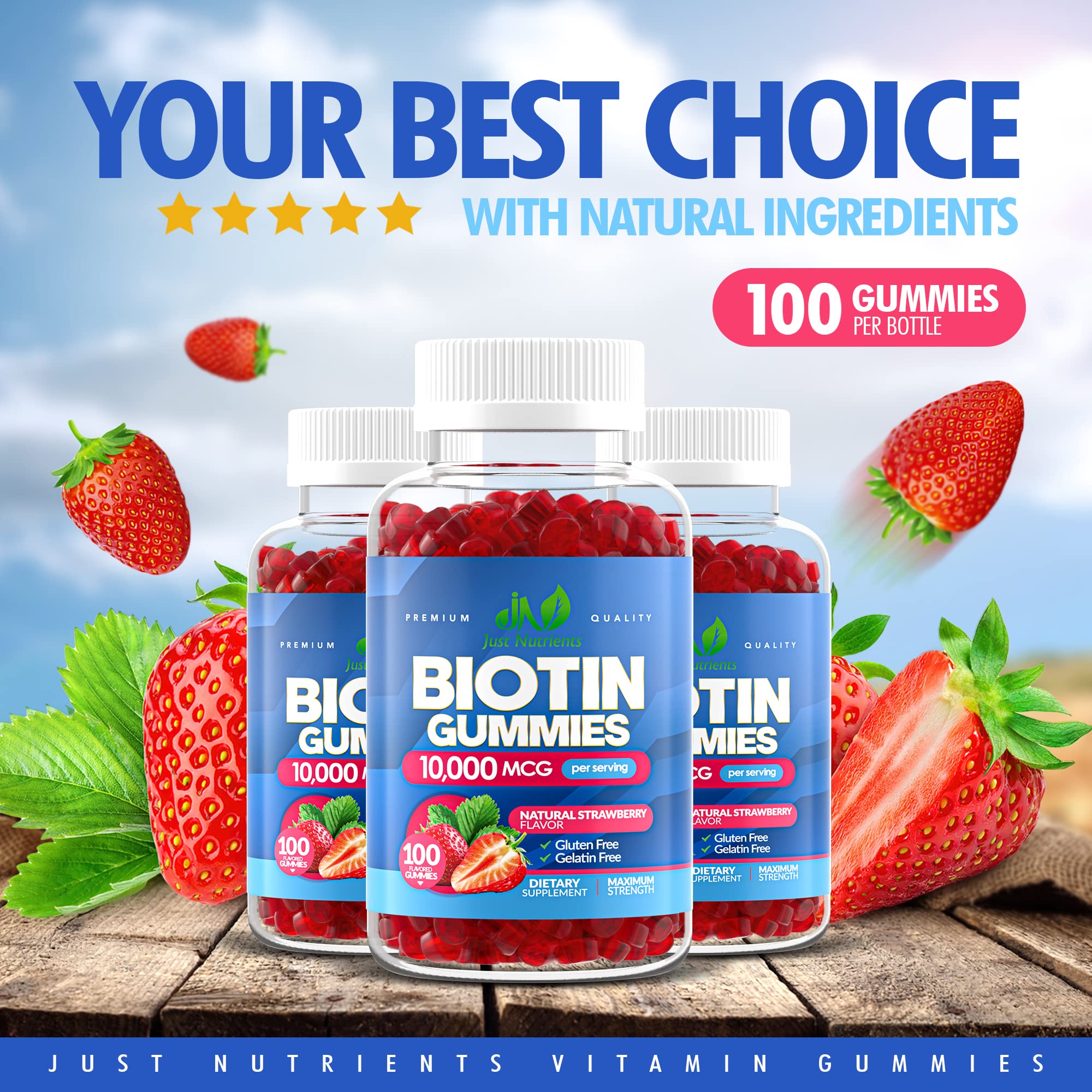 Biotin 10,000mcg Gummies for Hair Growth, Skin & Nails (100 Count) - 2x Maximum Strength Biotin Vitamins for Women & Men - Gluten-Free, Vegan, Non-GMO