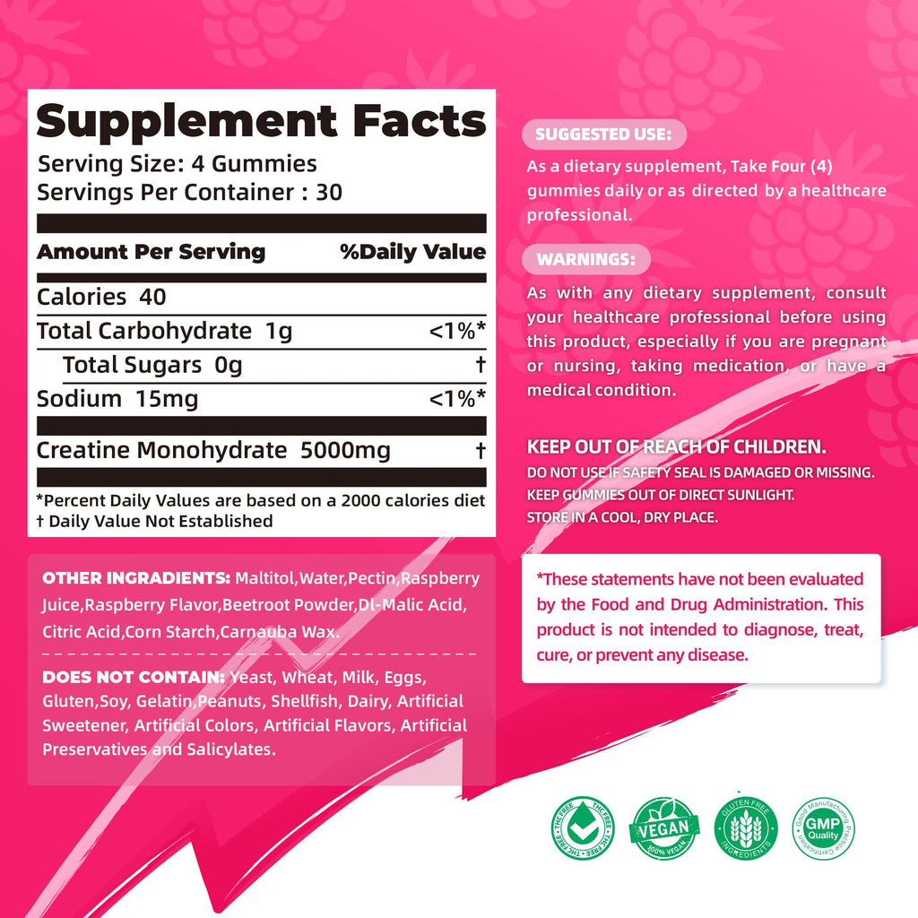 NSF Certified Creatine Gummy - Creatine Monohydrate Gummies 5000mg for Men & Women -120 Gummies Advanced Formula, Muscle Strength, Muscle Builder, Energy Boost, Pre-Workout Supplement-Raspberry Allcoovita Au supplements