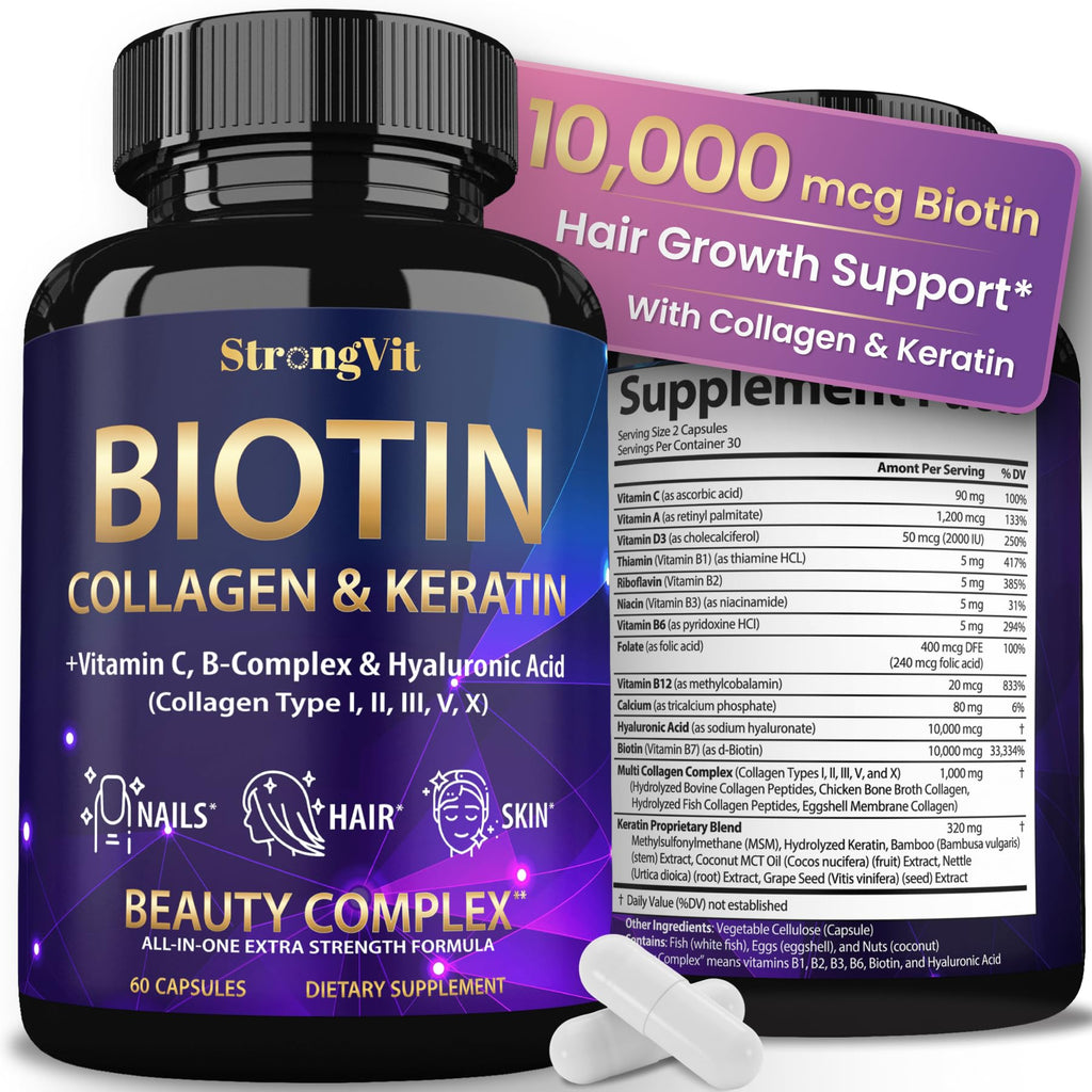 StrongVit Biotin with Hyaluronic Acid, Keratin and Collagen Supplements - 10000mcg for Hair Growth Women and Men