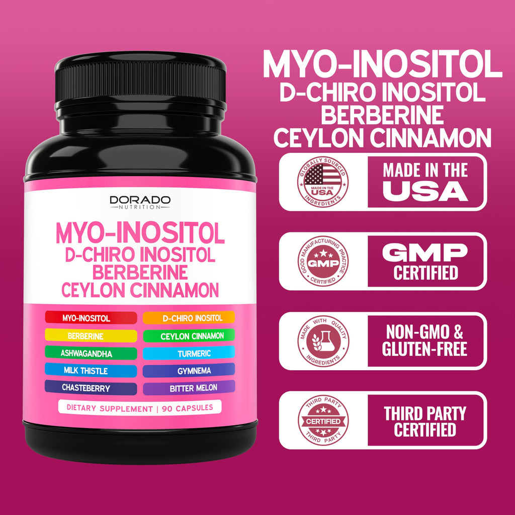 Myo-Inositol & D-Chiro Inositol Supplement For Women (90 Capsules, 40:1 Ratio Myo Inositol) Hormone Balance for Women - 10 in 1 Formula - Third Party Tested, Vegan Safe & USA Made - (90 Count) DORADO NUTRITION Au supplements