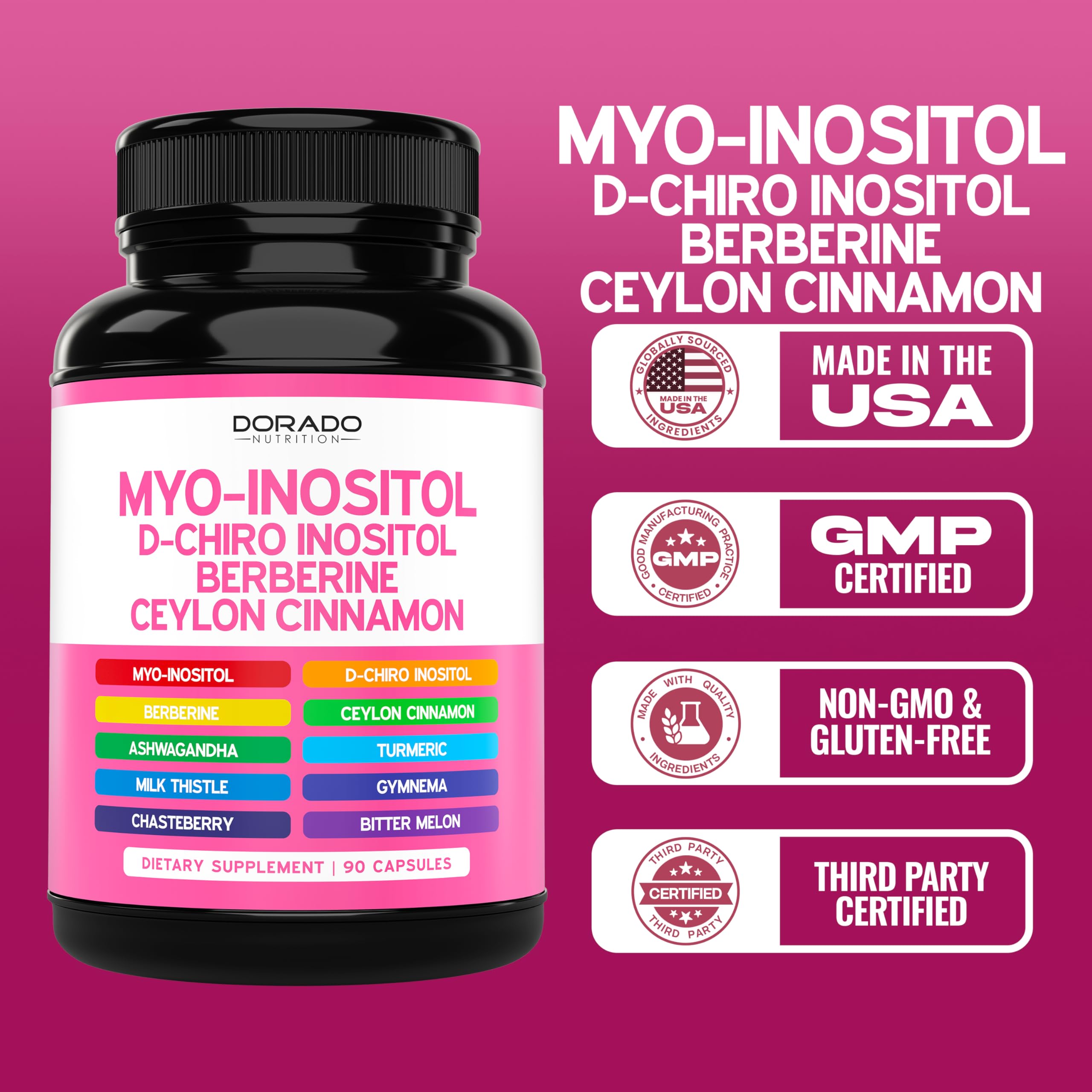 Myo-Inositol & D-Chiro Inositol Supplement For Women (90 Capsules, 40:1 Ratio Myo Inositol) Hormone Balance for Women - 10 in 1 Formula - Third Party Tested, Vegan Safe & USA Made - (90 Count) DORADO NUTRITION Au supplements