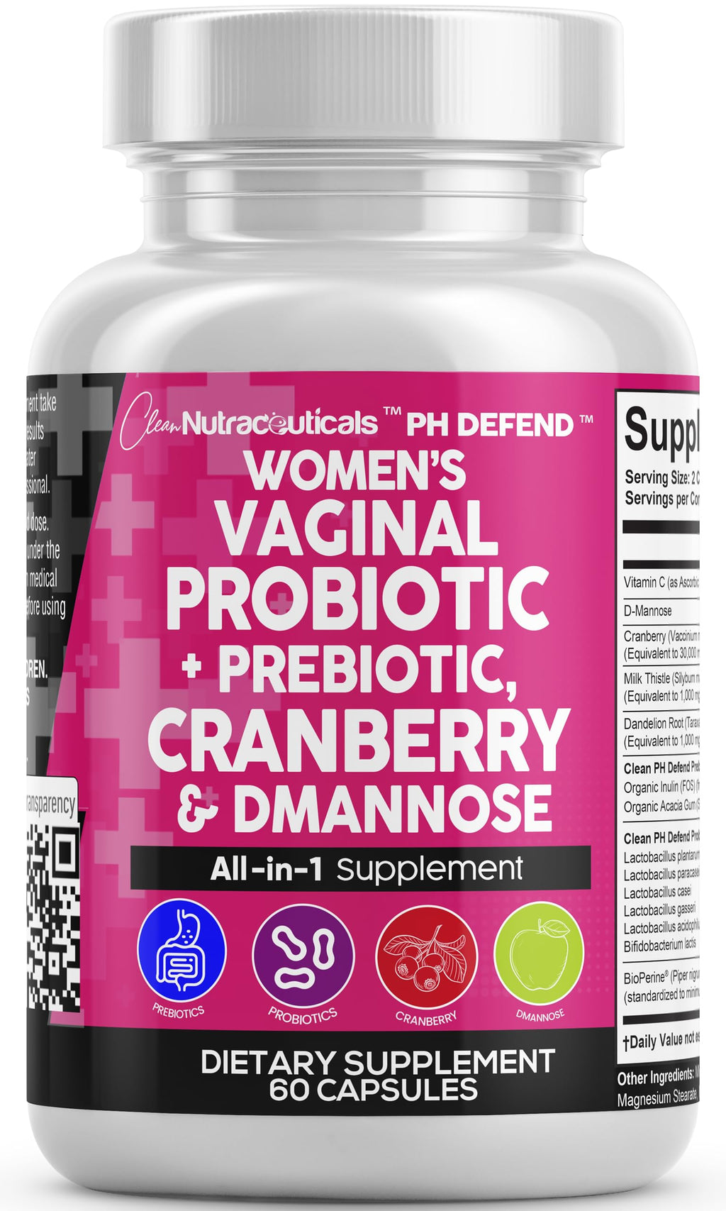 Clean Nutraceuticals Vaginal Probiotics for Women with Cranberry, D-Mannose, Prebiotics, pH Balance Support, Feminine Health, Urinary Tract Cleanse