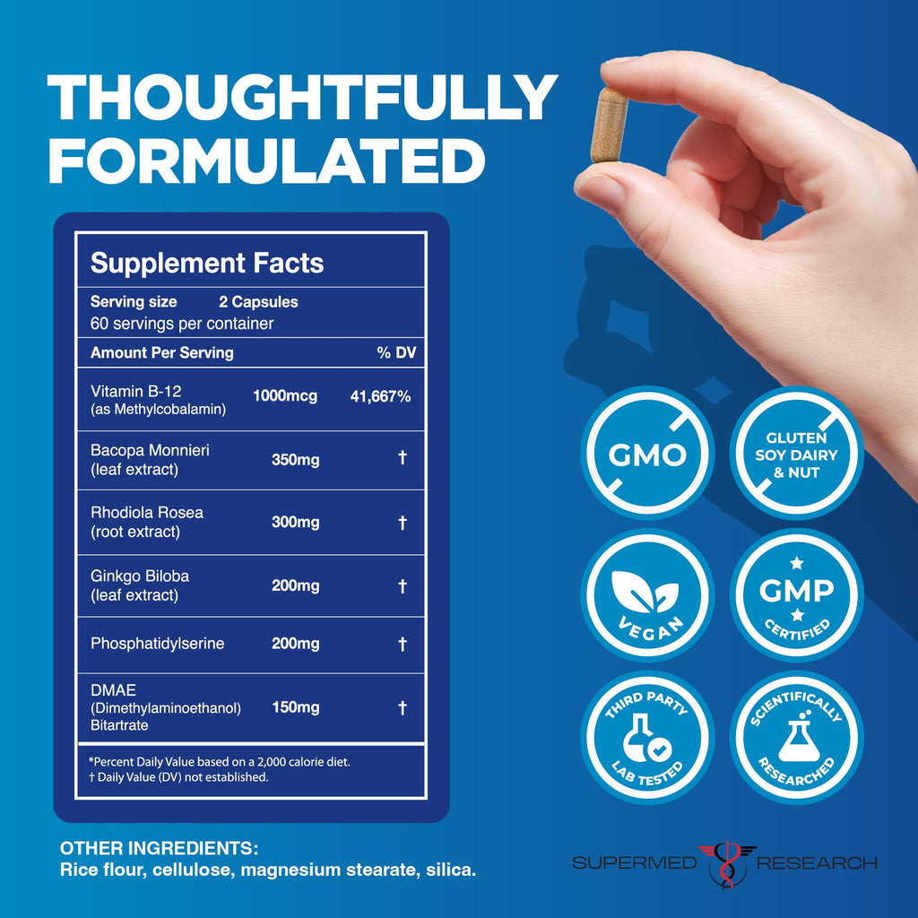 Supermed Research Mental Clarity & Focus Supplement with Bacopa, Rhodiola, Ginkgo Biloba, Huperzine, Vitamin B12, DMAE – Vegan Nootropic Brain Supplement for Memory and Brain Health (120 Capsules) Supermed Research Au supplements