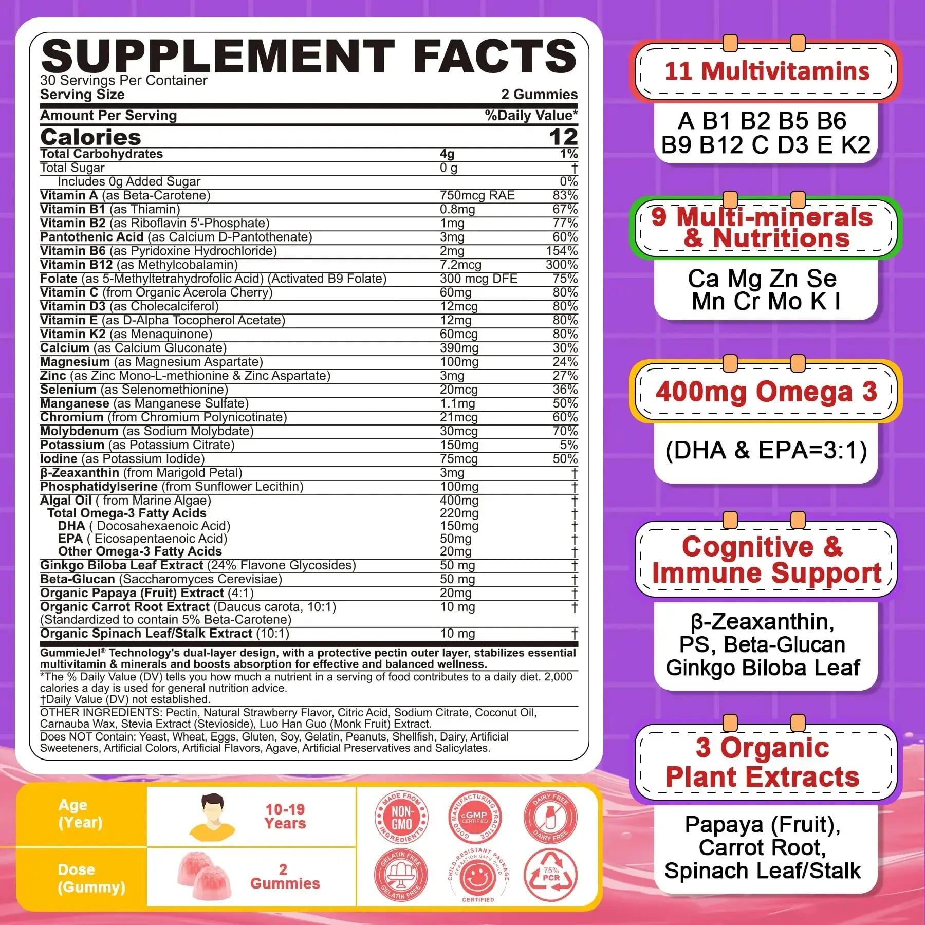 Nextdia Multivitamin Filled Gummies for Teen Boys Girls 12-17, 18, 19, Kids 10+ Multivitamin with Omega 3, Calcium + Magnesium + Zinc, Multi-Minerals Nextdia Au supplements