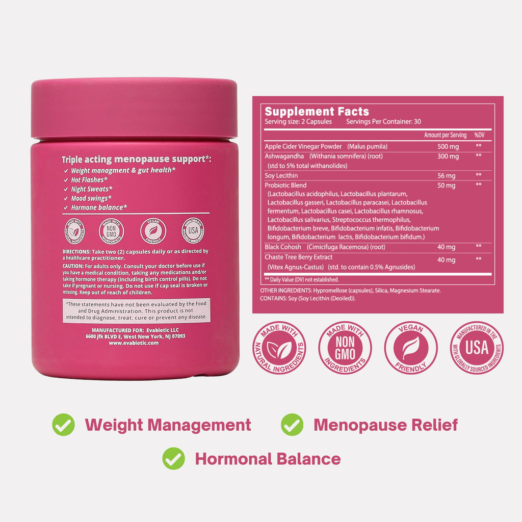 Complete Menopause Vitamins - Ashwaghanda, Probiotics, ACV for Weight Management, Hot Flashes, Night Sweats, Bloat, Hormone Balance - Vegan 60 Caps Menopause Supplements for Women Non-GMO EVABIOTIC Au supplements