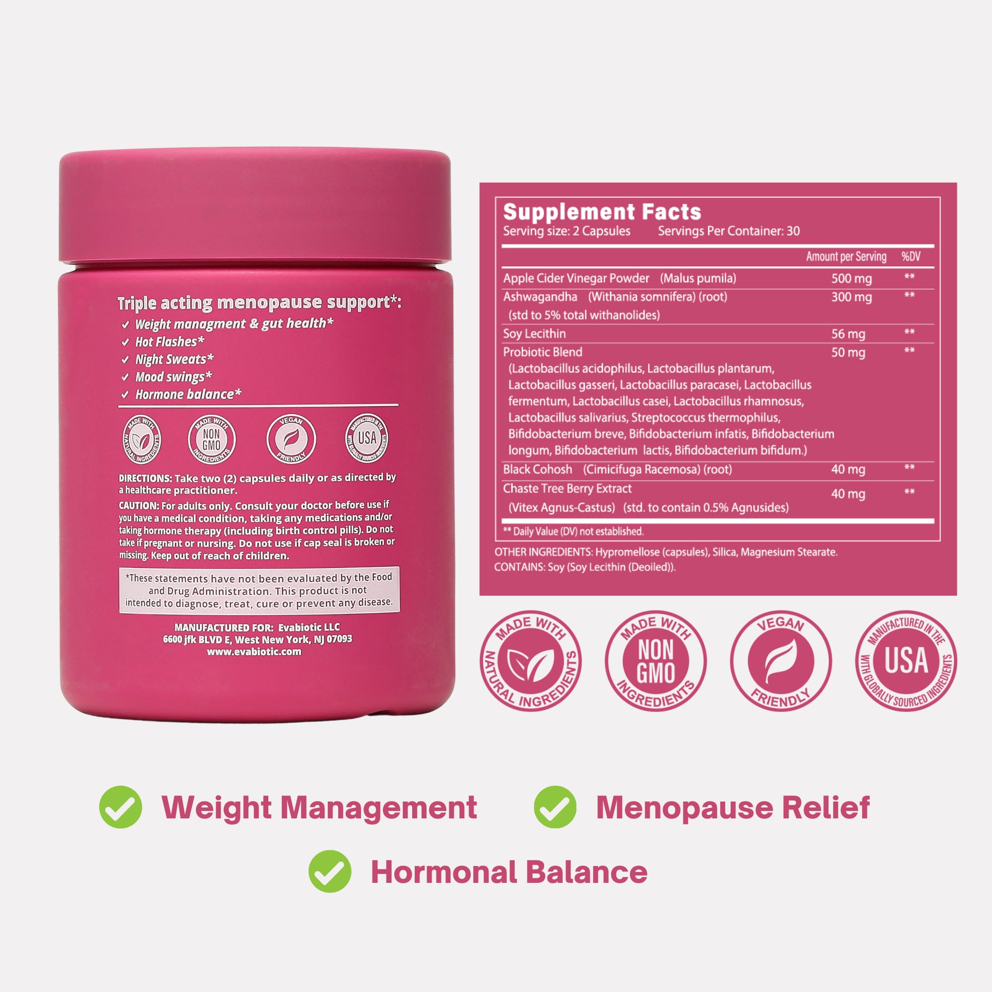 Complete Menopause Vitamins - Ashwaghanda, Probiotics, ACV for Weight Management, Hot Flashes, Night Sweats, Bloat, Hormone Balance - Vegan 60 Caps Menopause Supplements for Women Non-GMO EVABIOTIC Au supplements