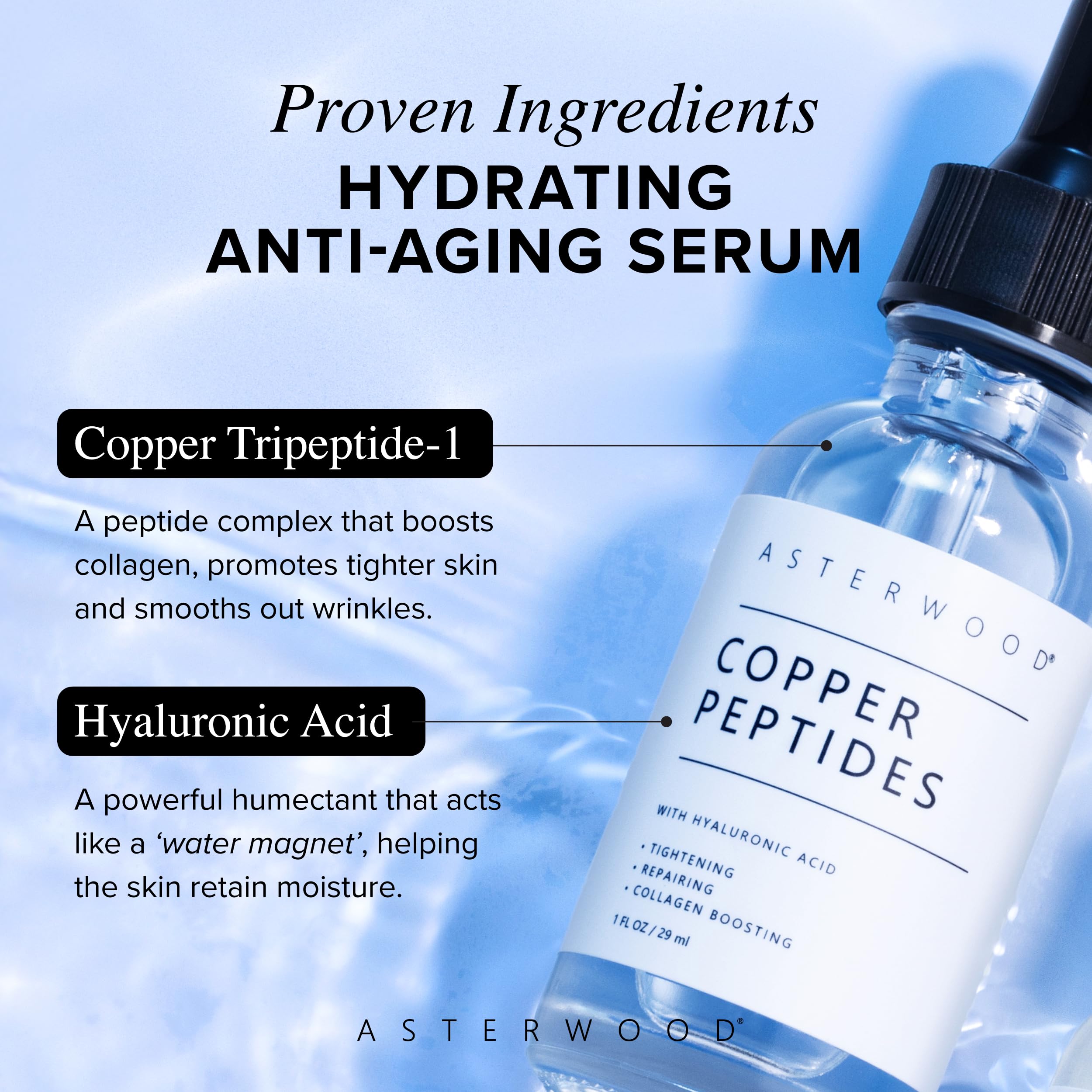 Asterwood Copper Peptides Serum for Face - with GHK-Cu Peptide and Hyaluronic Acid - Anti-Aging Facial Serum - 1 Fl Oz