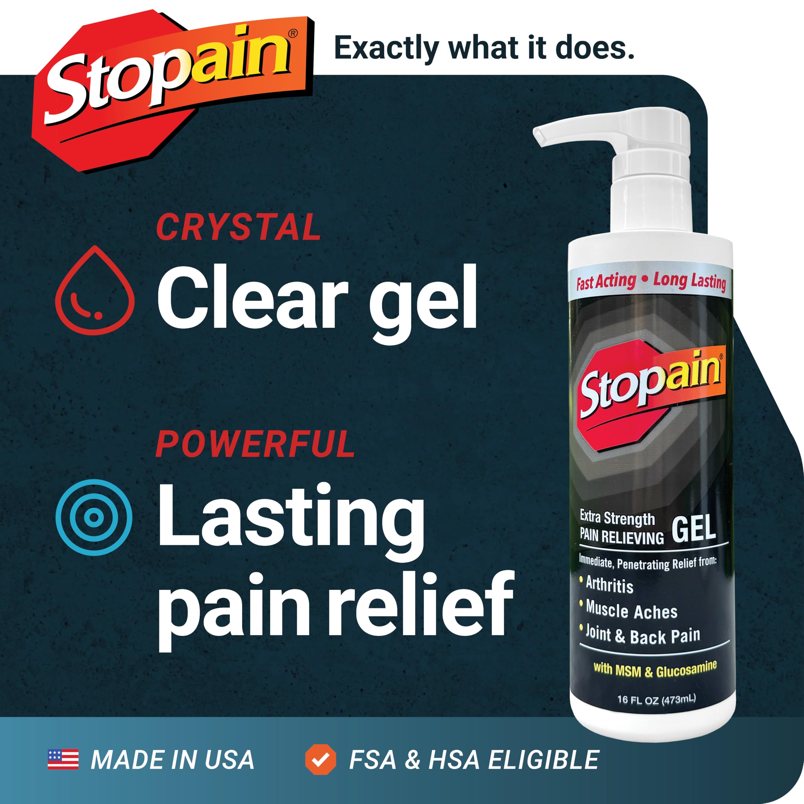 Stopain Pain Relief Gel 16oz, USA Made, Max Strength Fast Acting with Menthol, MSM, Glucosamine for Joint Pain, Back Pain, Arthritis, Knee, Neck Pain, HSA FSA Approved OTC Topical Analgesic Product Stopain Au supplements