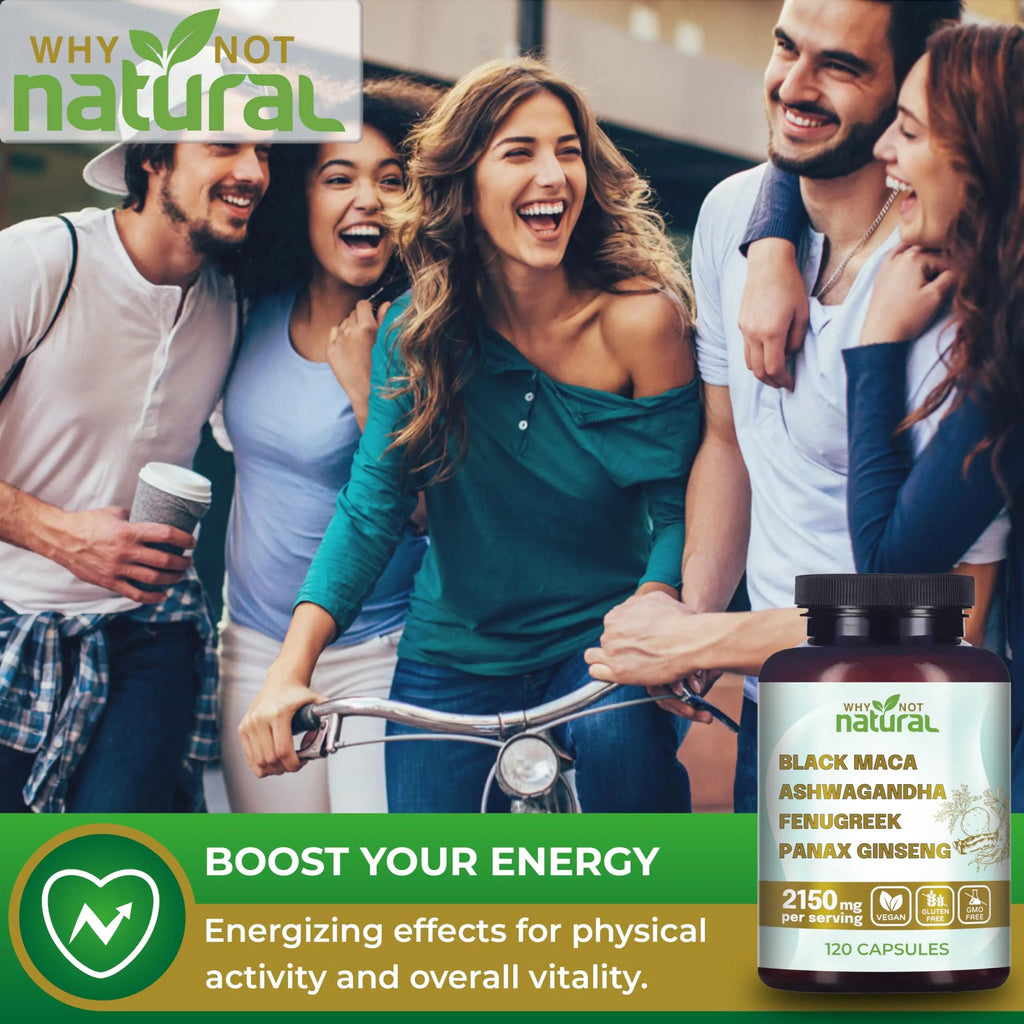 Why Not Natural 4-in-1 Organic Black Maca Root, Ashwagandha, Fenugreek, Panax Ginseng Capsules, Supplement for Men and Women (120 Count (Pack of 1) Why Not Natural Au supplements
