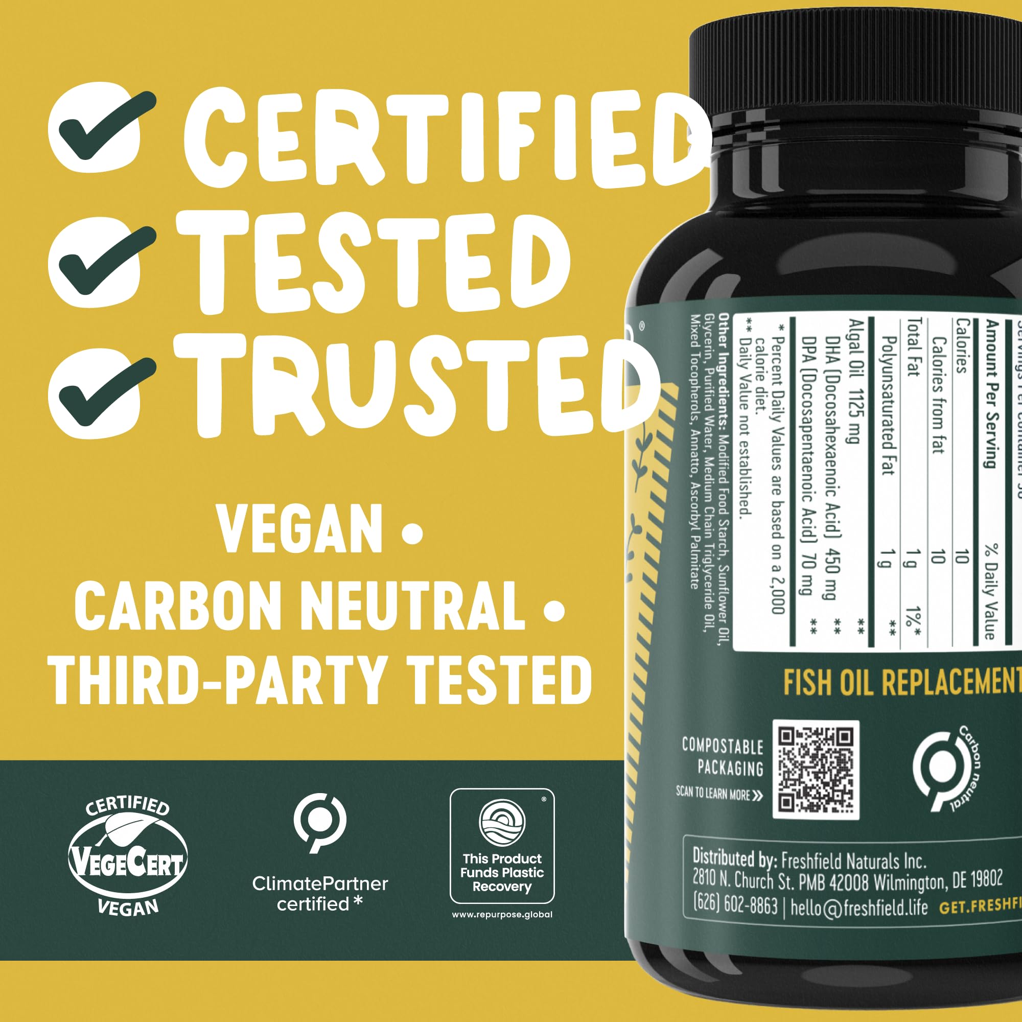 Freshfield Vegan Omega 3, Algae (Algal) Oil, Fish Oil Free Company, Third Party Tested, Carrageenan Free, DHA Supplement w/DPA