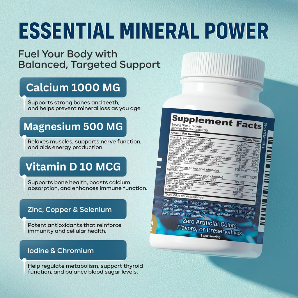 Mega Mineral – Complete Complex with Vitamin D, Calcium, Magnesium, Zinc, Potassium, Boron, Selenium, Chromium & Trace Minerals – Iron-Free – USA Made – 60 Tablets